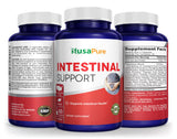 NusaPure Intestinal Support Supplement with capsules on a wooden table