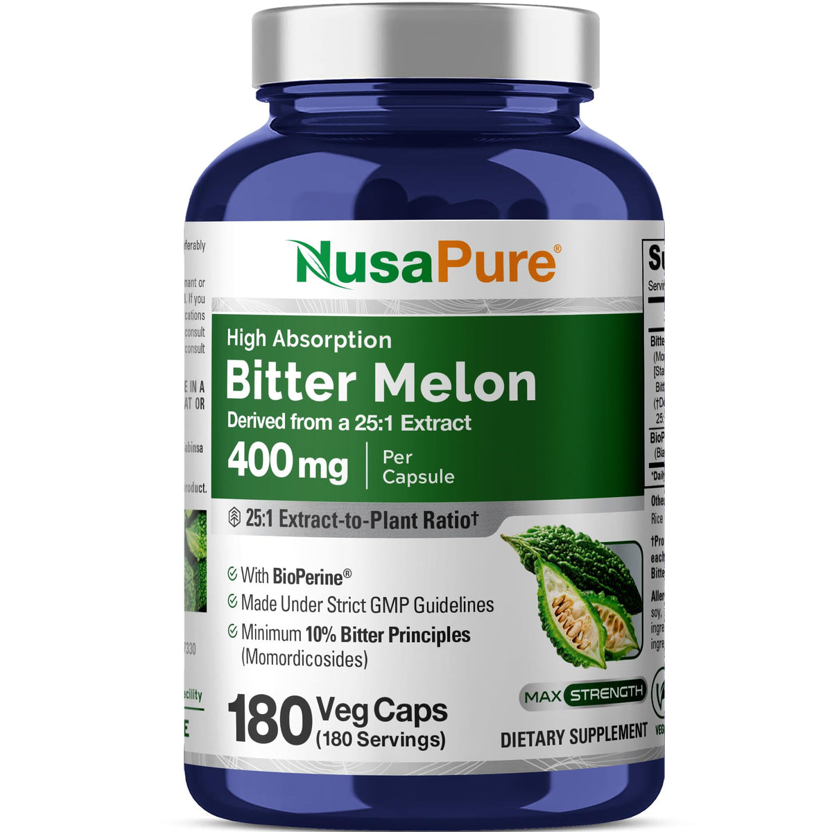 NusaPure Karela Bitter Melon Extract 400mg 180 capsules front view