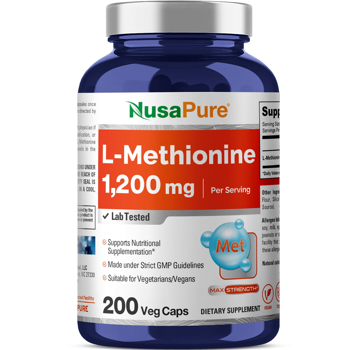 NusaPure L Methionine 1200 mg 200 capsules front view