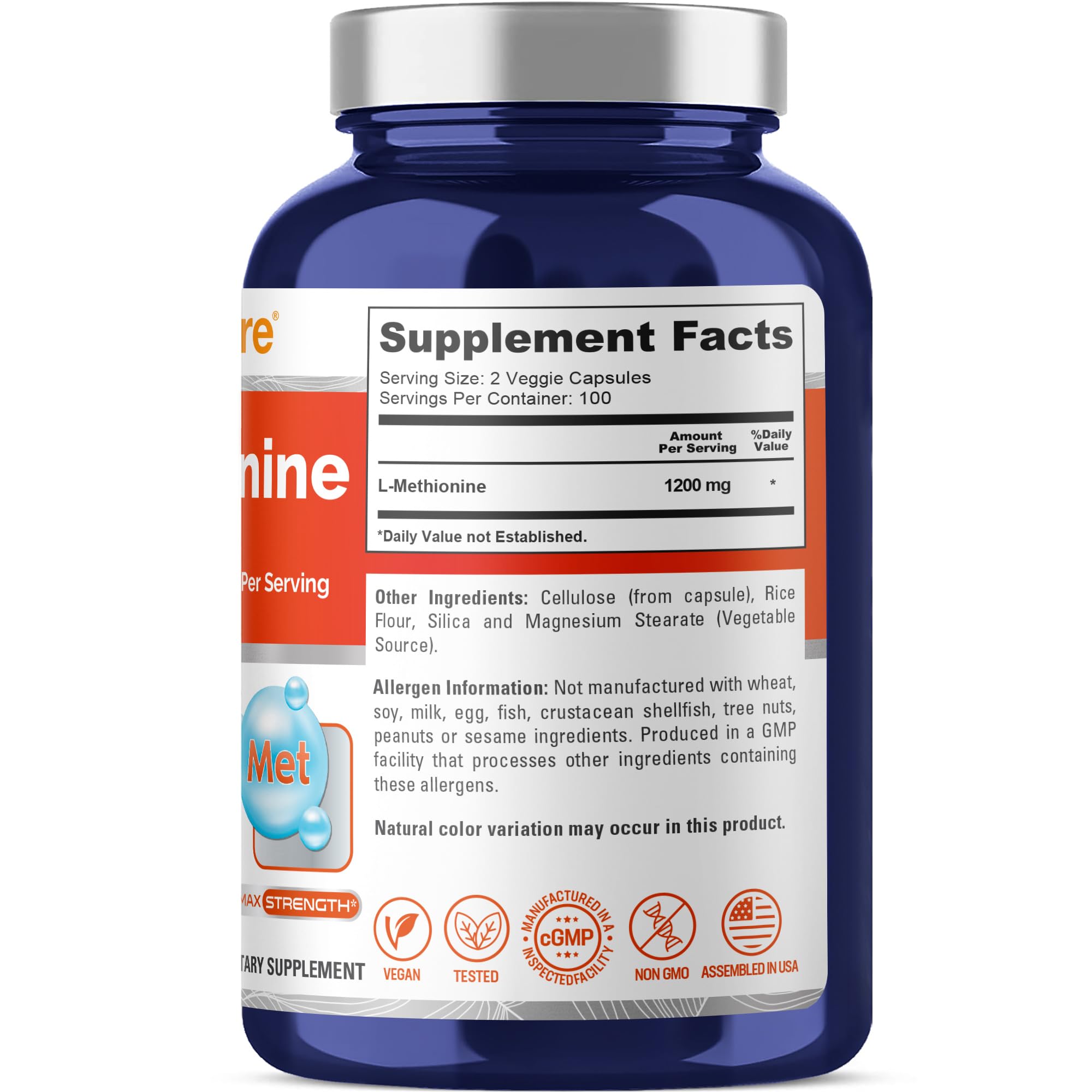 NusaPure L Methionine bottle with 200 capsules