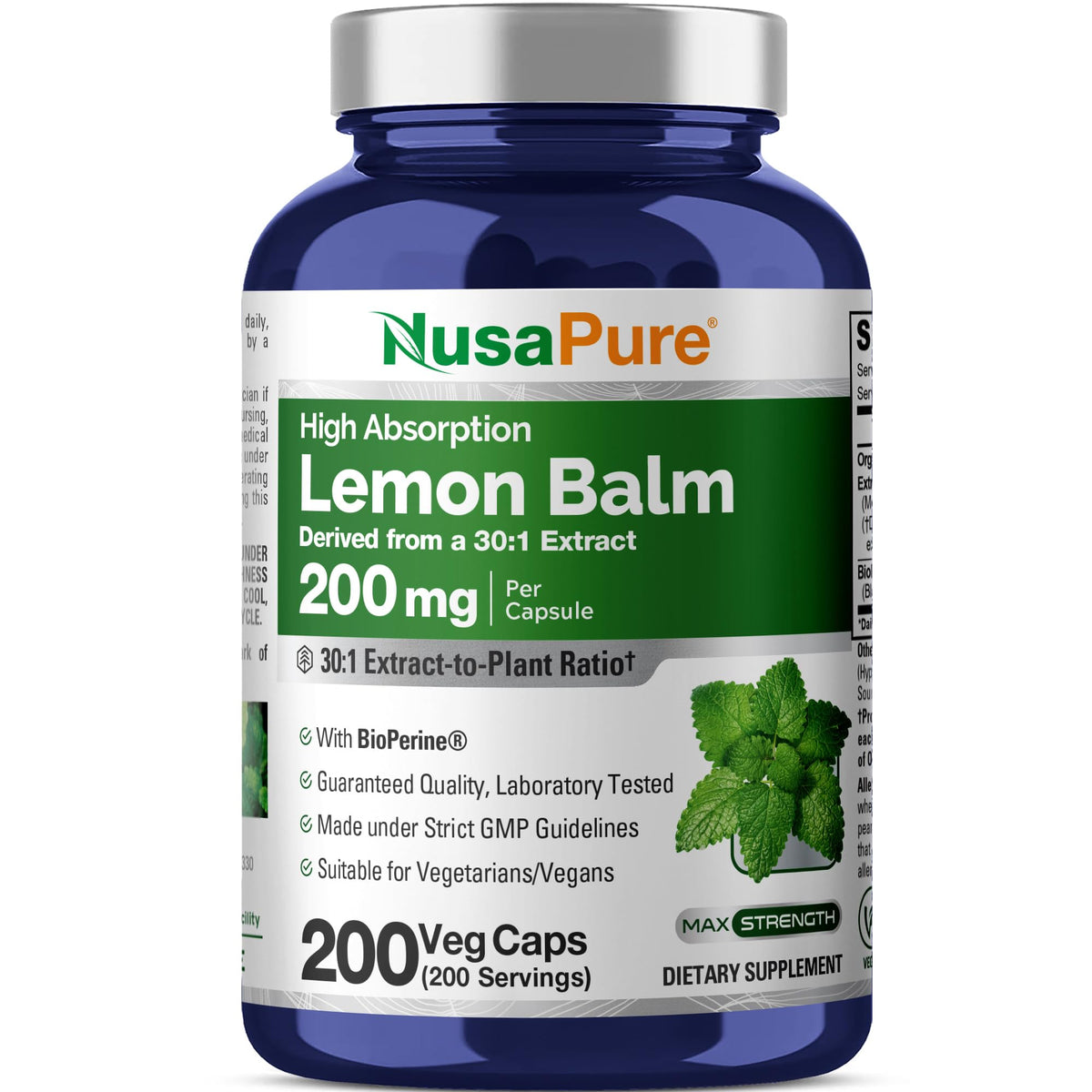 NusaPure Lemon Balm Capsules 200mg bottle front view