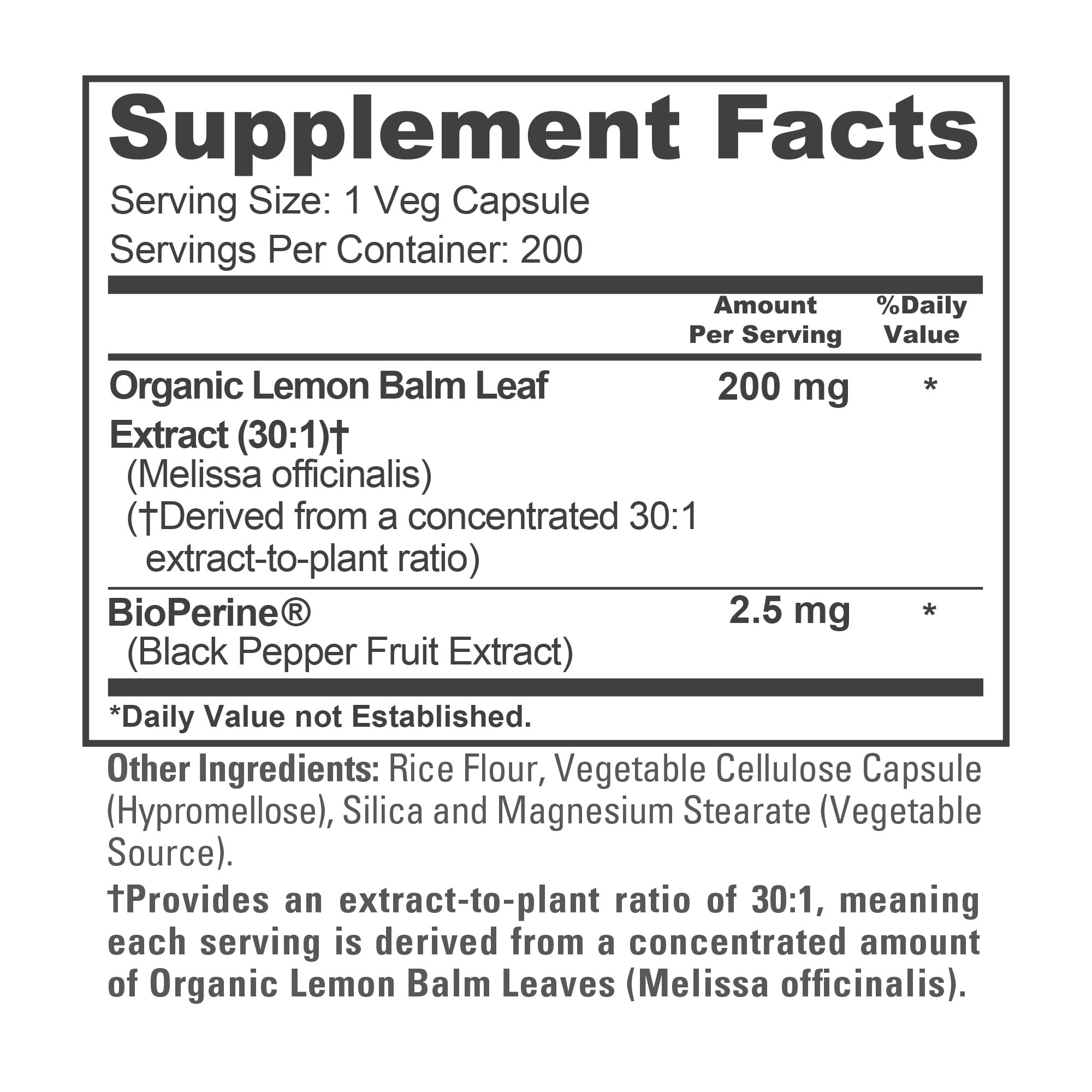 NusaPure Lemon Balm Capsules 200mg bottle with cap open