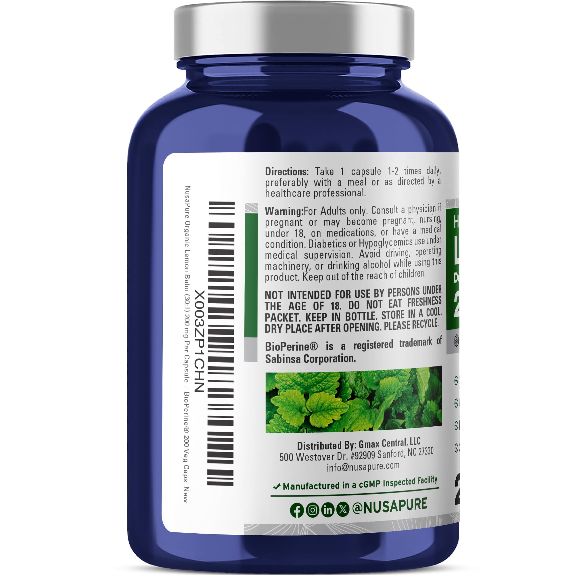 NusaPure Lemon Balm Capsules 200mg capsules close-up