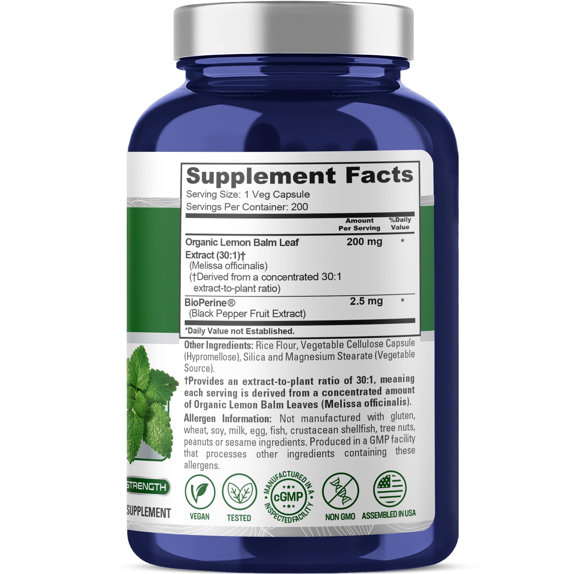 NusaPure Lemon Balm Capsules 200mg side view with label