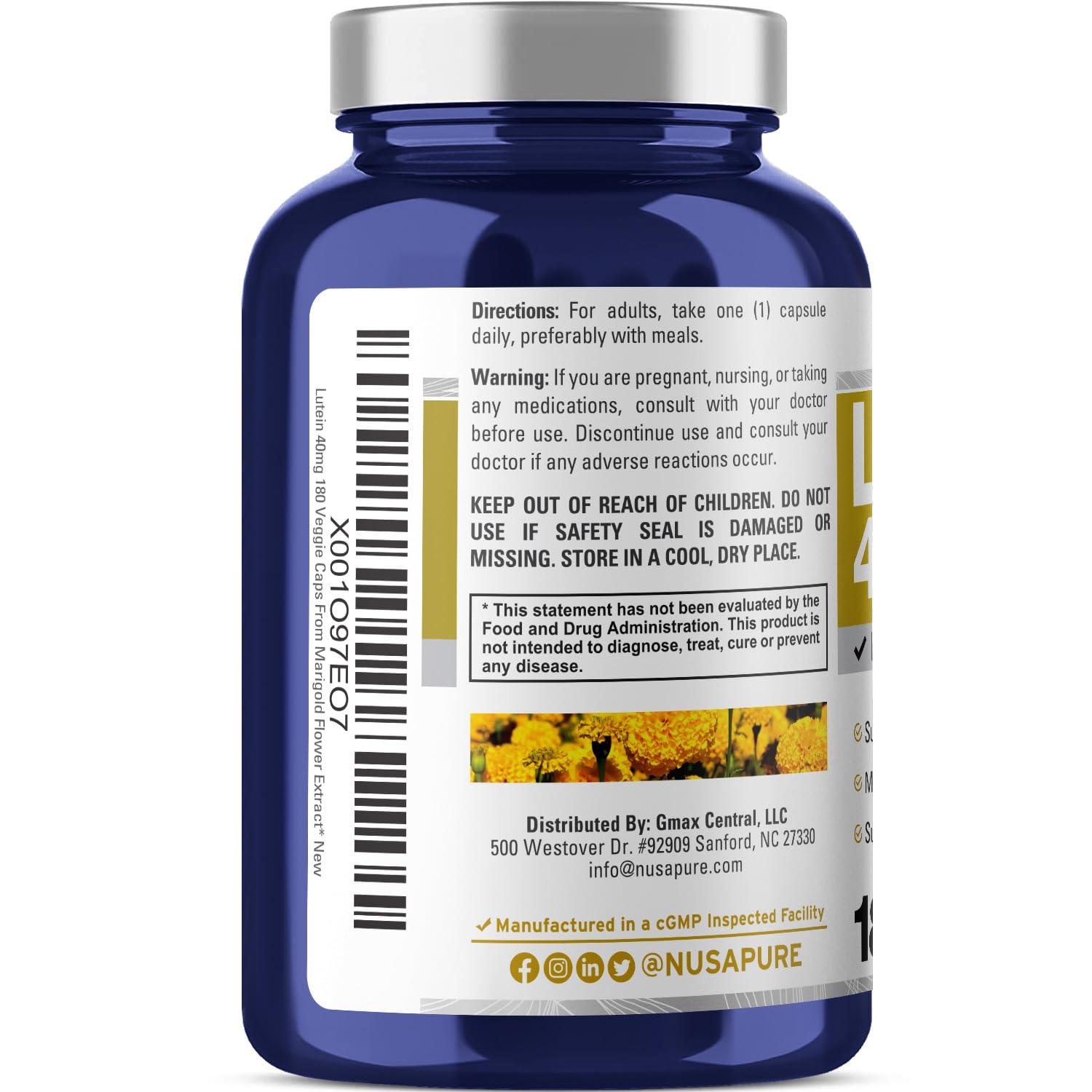 NusaPure Lutein capsules in hand for size comparison