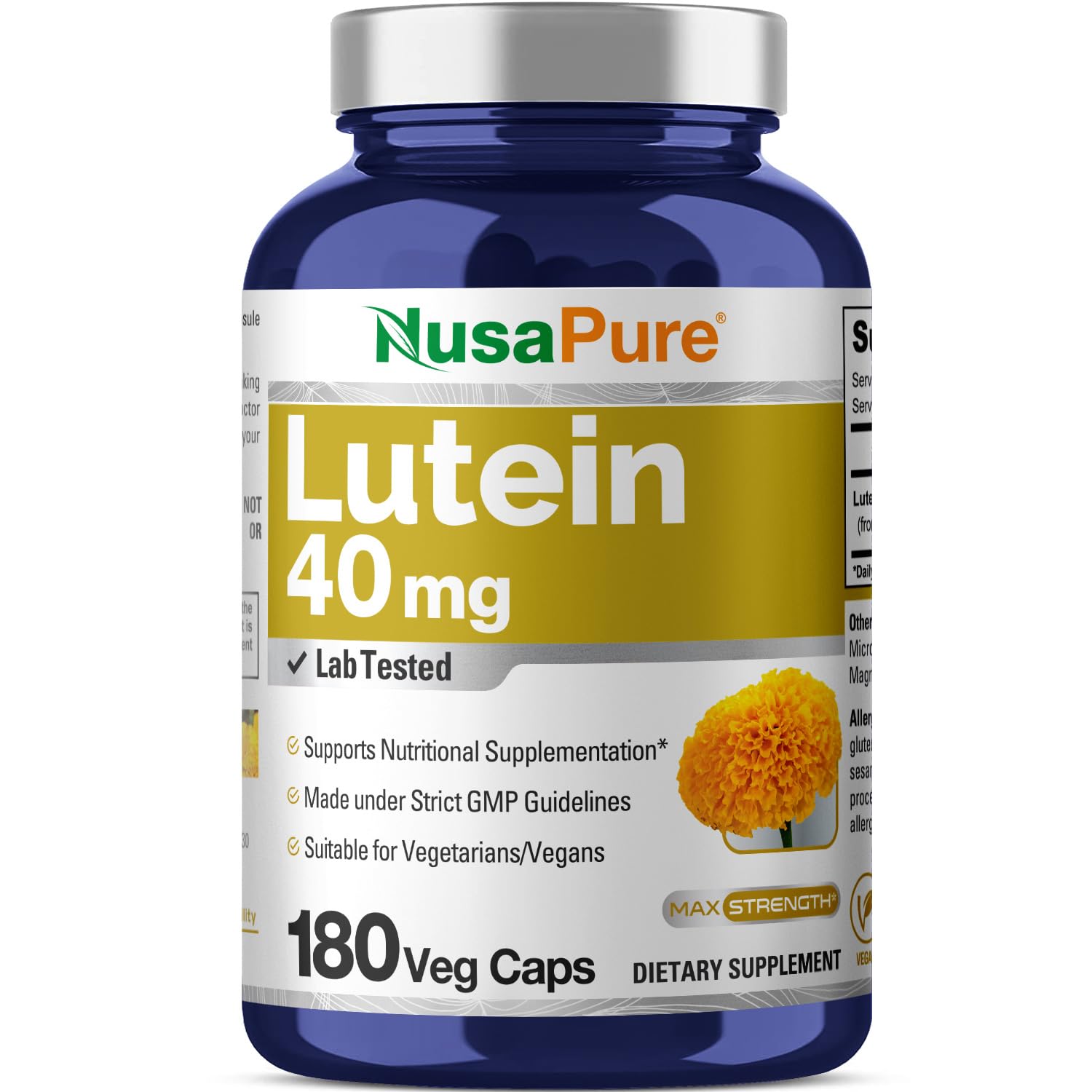 NusaPure Lutein Supplement 40mg 180 veggie capsules front view