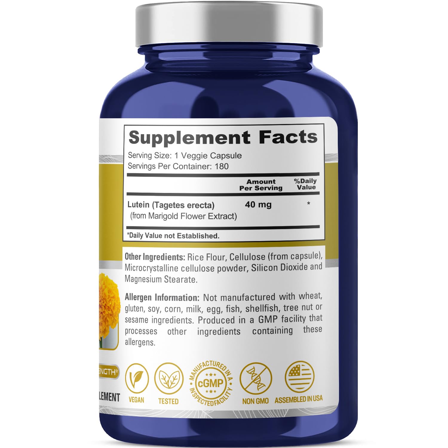 NusaPure Lutein Supplement bottle with label showing ingredients