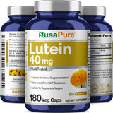 NusaPure Lutein Supplement capsules on a wooden table