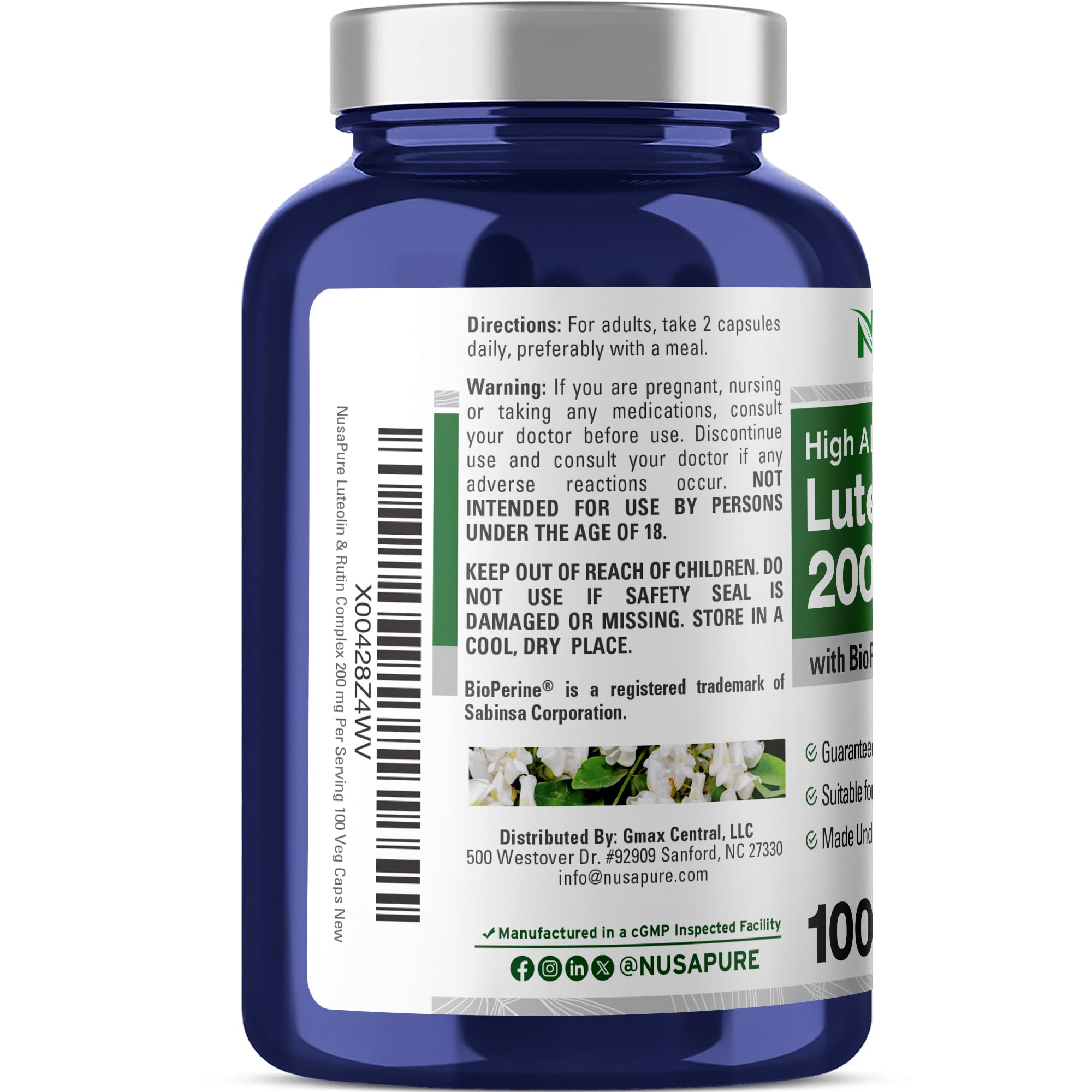NusaPure Luteolin and Rutin supplement bottle side view
