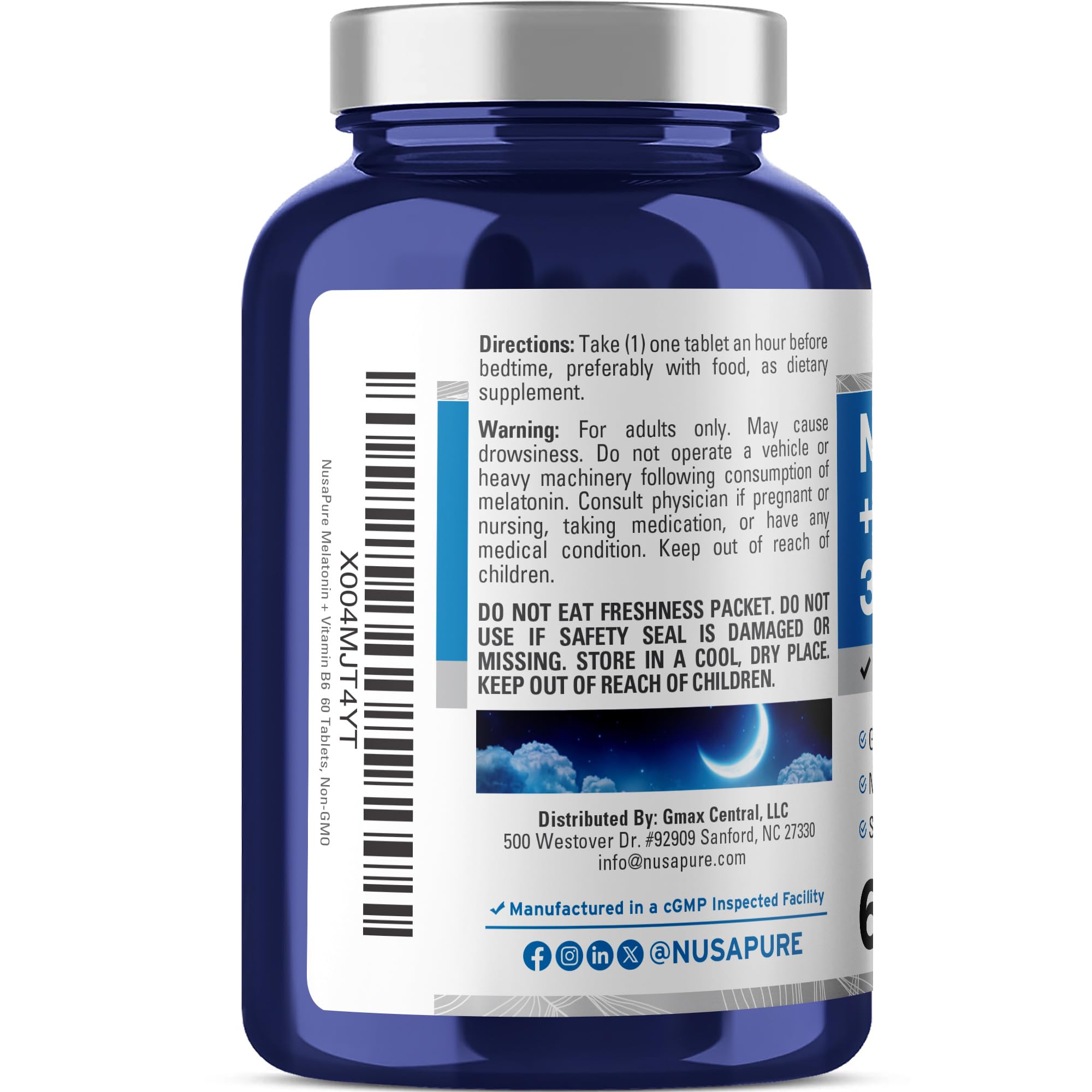 NusaPure Melatonin 3mg 60 Tablets back view
