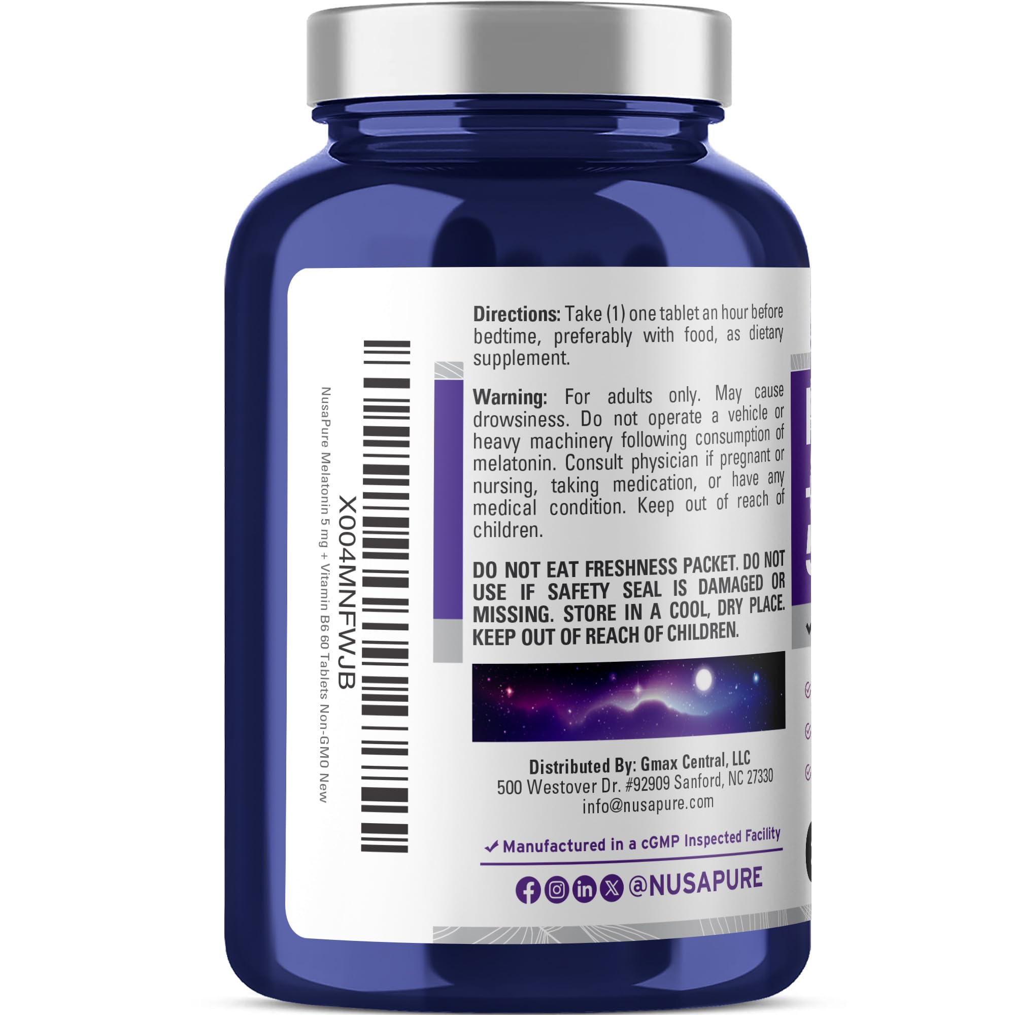 NusaPure Melatonin Vitamin B6 & Calcium 5mg 60 Tablets back view