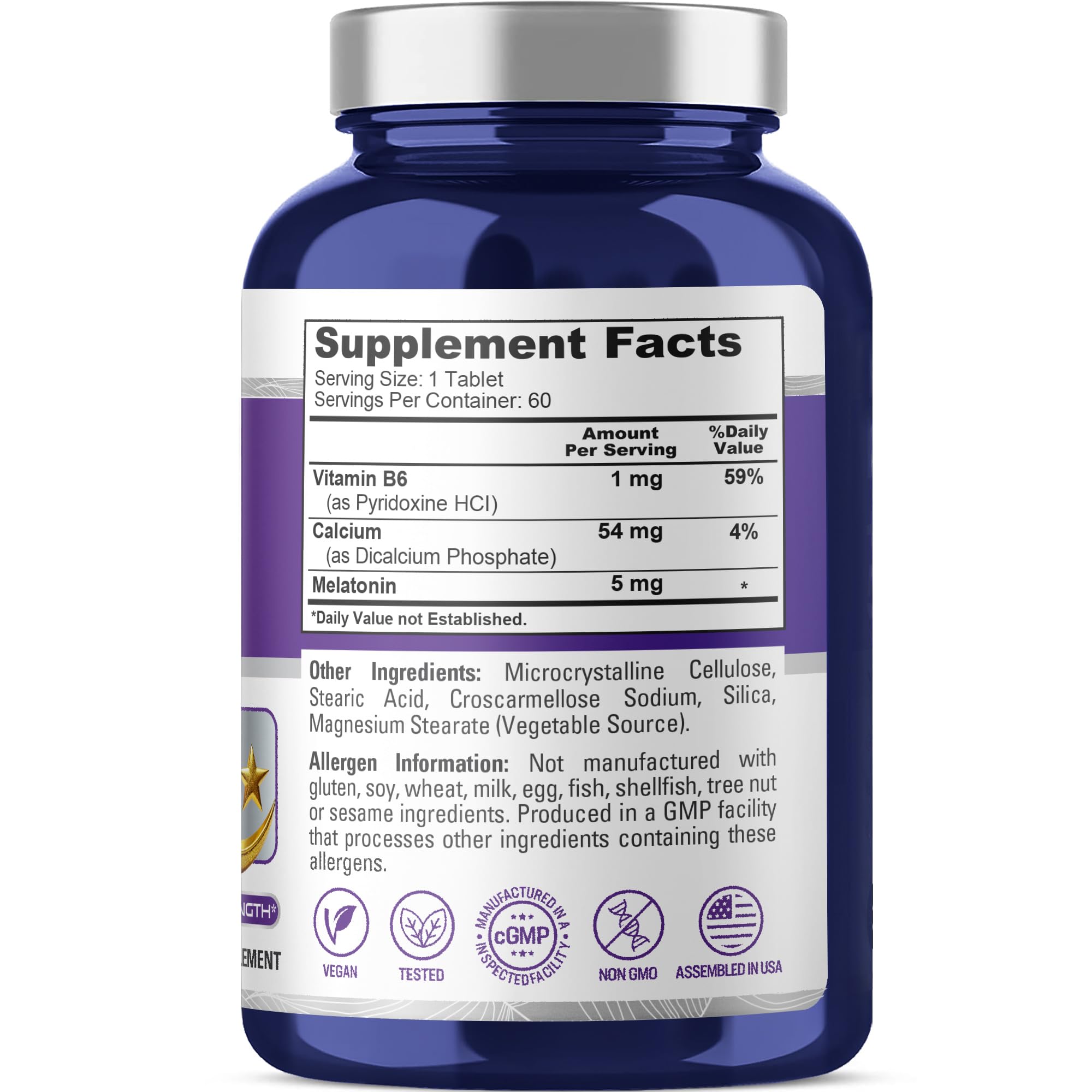 NusaPure Melatonin Vitamin B6 & Calcium 5mg 60 Tablets side view