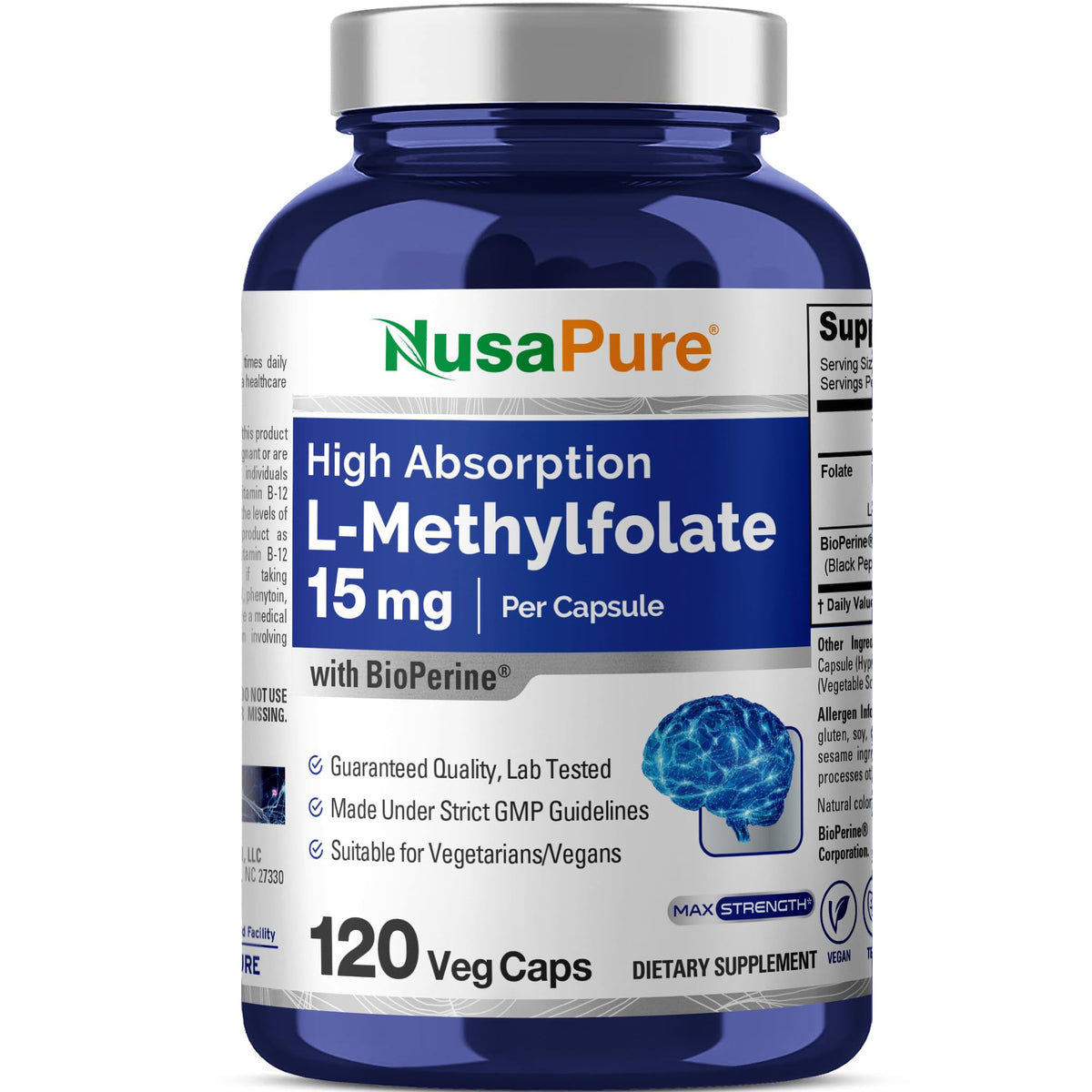 NusaPure Methylfolate 15mg + Bioperine 120 Veggie Capsules front view