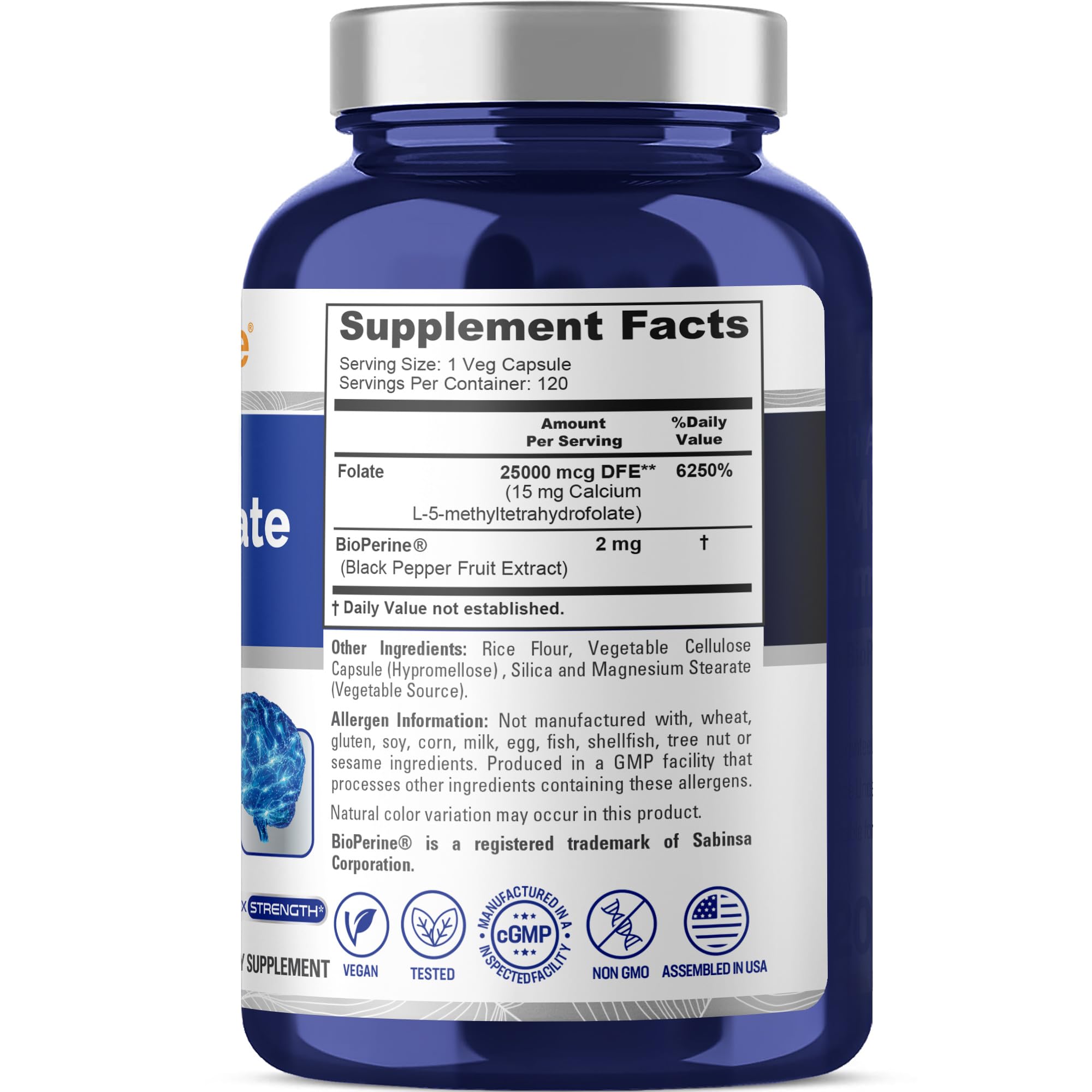 NusaPure Methylfolate 15mg + Bioperine bottle side view