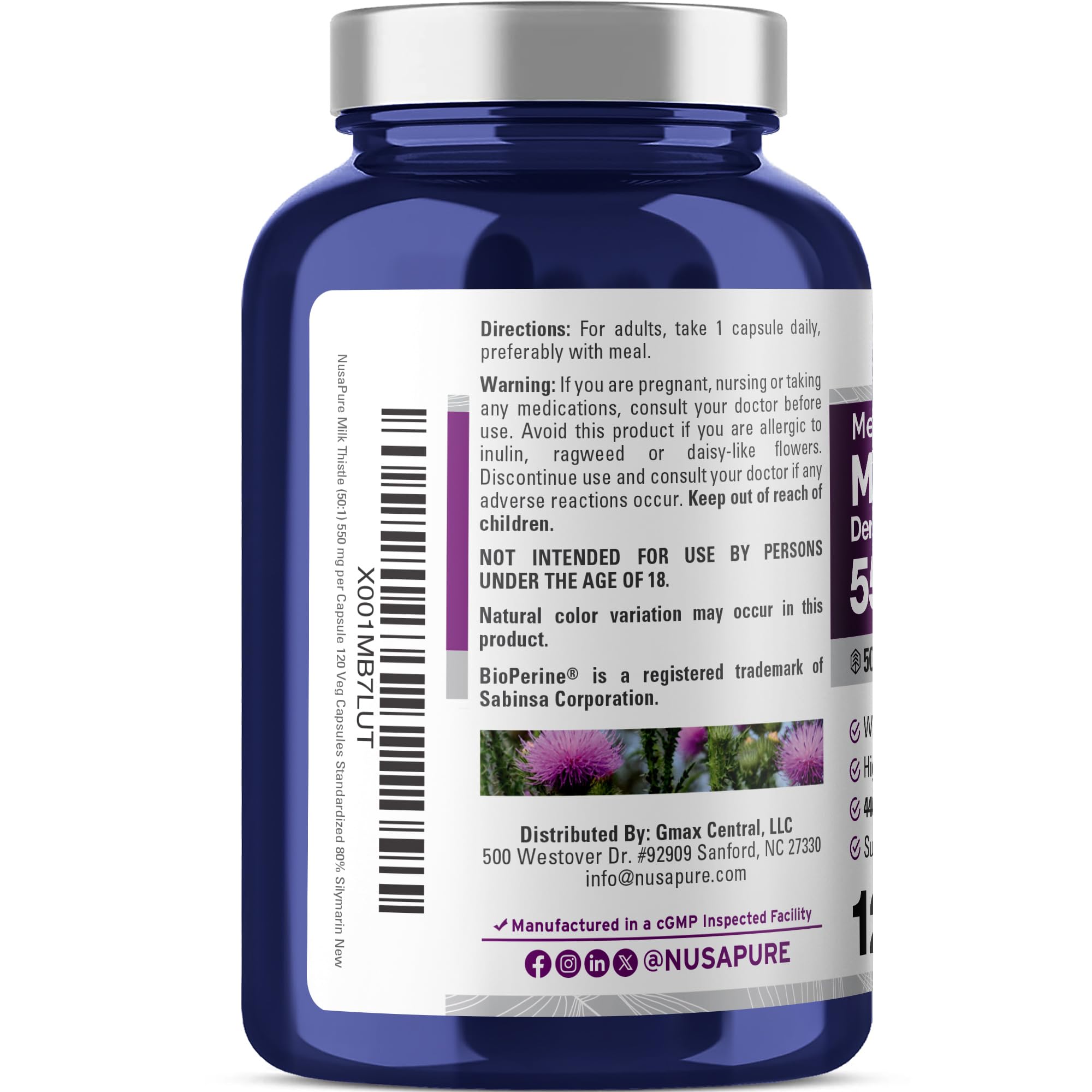 NusaPure Milk Thistle Capsules 550mg bottle with cap open