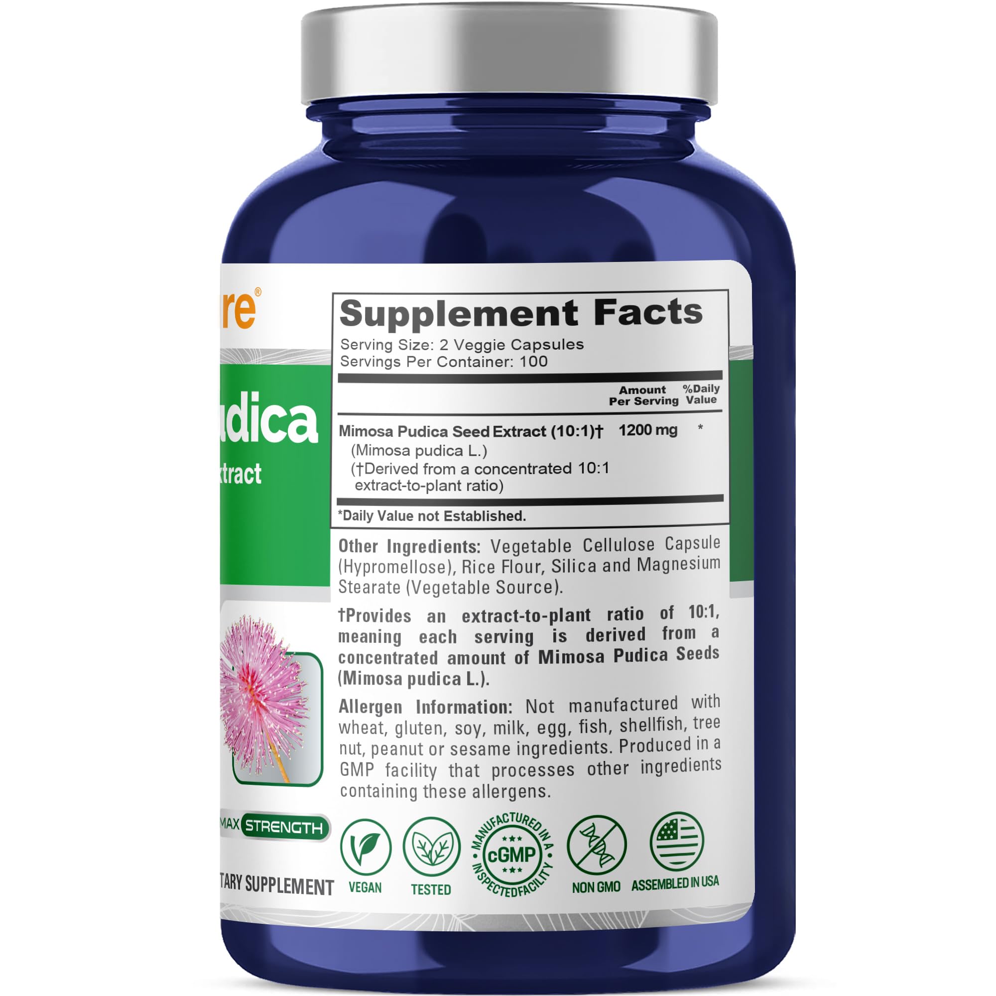 NusaPure Mimosa Pudica Extract Capsules showing 200 count