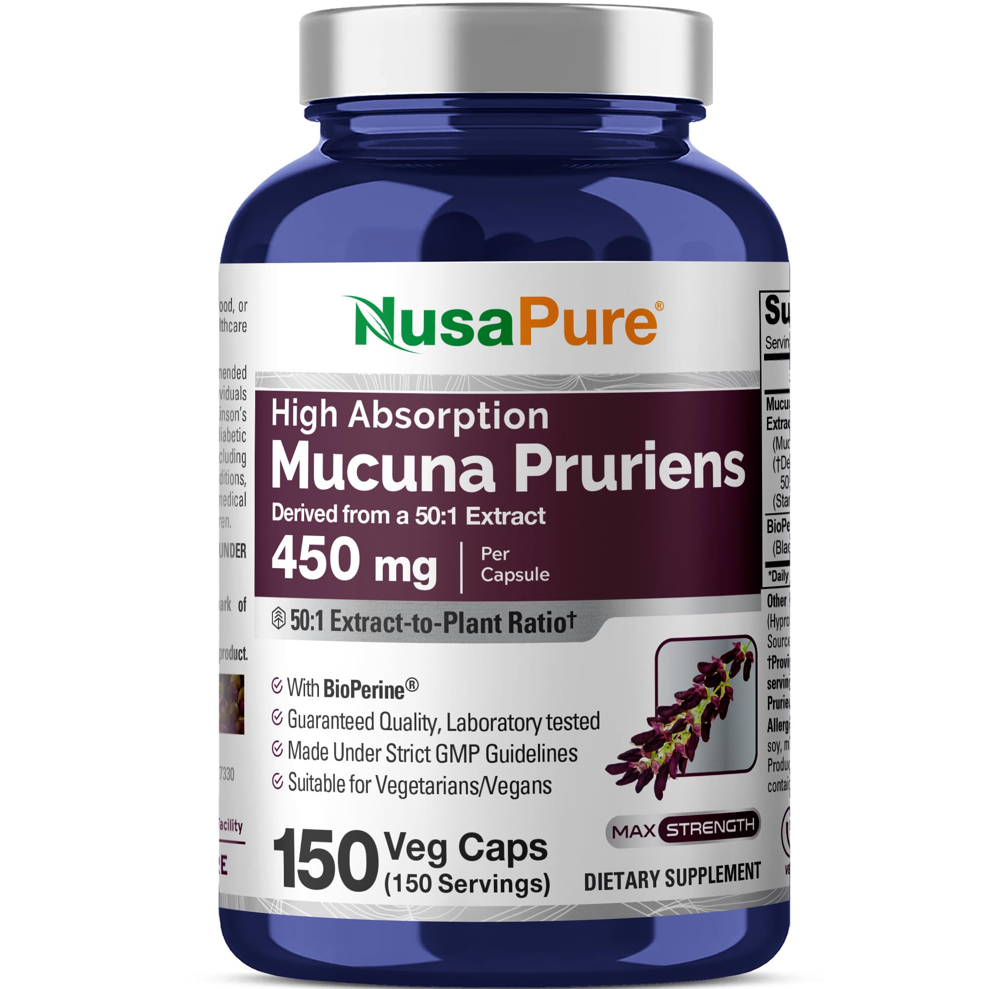 NusaPure Mucuna Pruriens 450mg Capsules bottle front view