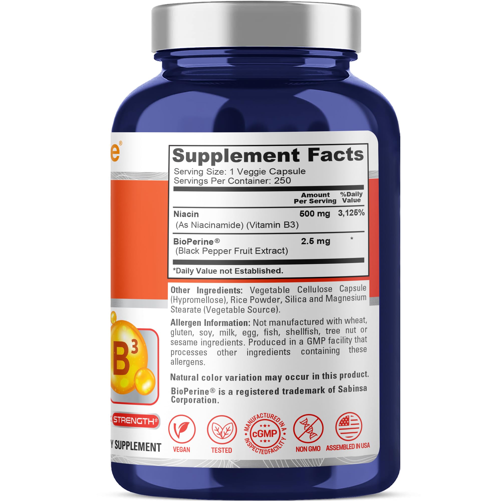 NusaPure Niacin B3 Supplement 250 capsules on a table