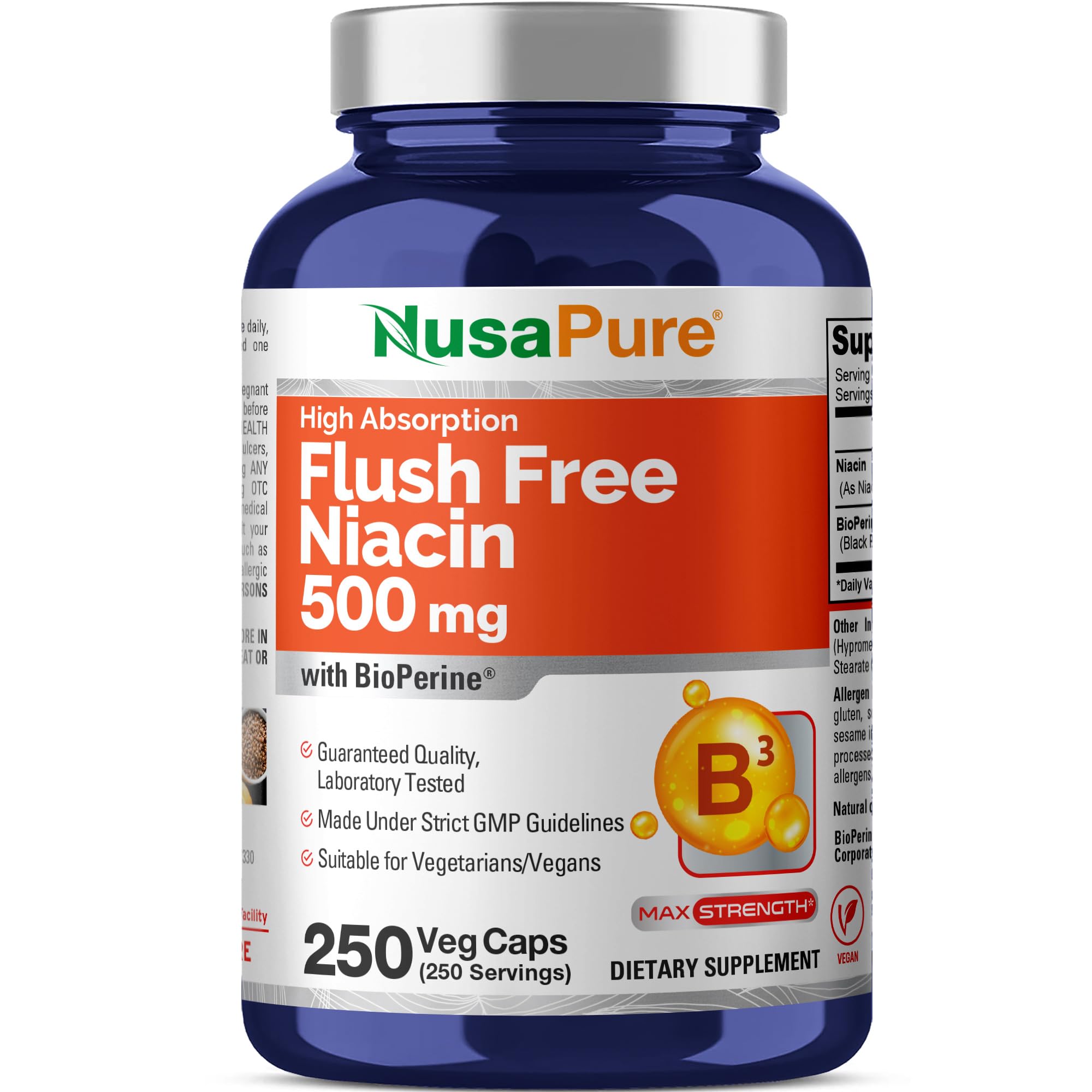 NusaPure Niacin B3 Supplement 500mg 250 Capsules front view