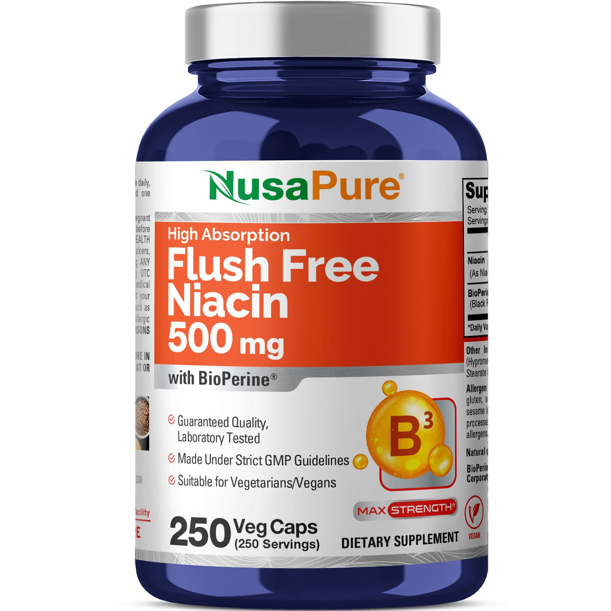 NusaPure Niacin B3 Supplement 500mg 250 Capsules front view