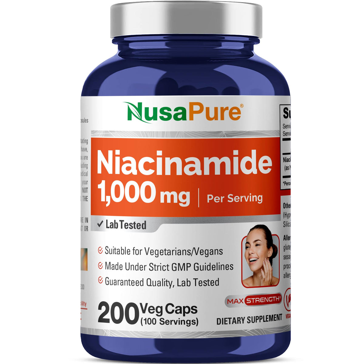 NusaPure Niacinamide 1000mg 200 Veggie Caps front view