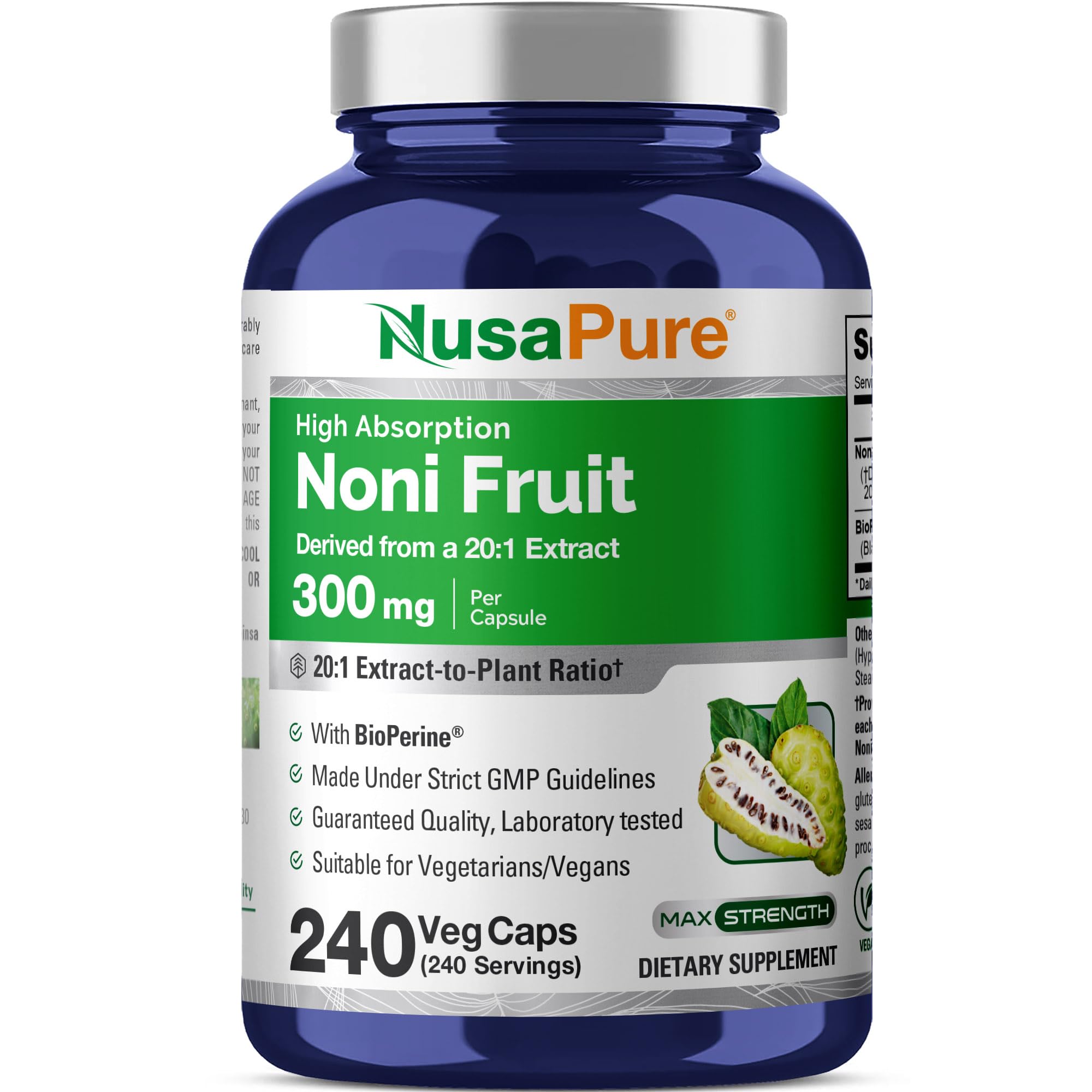 NusaPure Noni Fruit Capsules bottle front view with 240 capsules