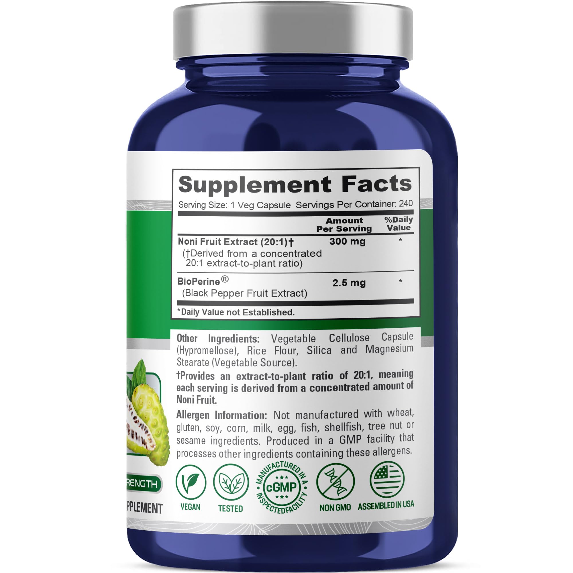 NusaPure Noni Fruit Capsules side view showing capsule count