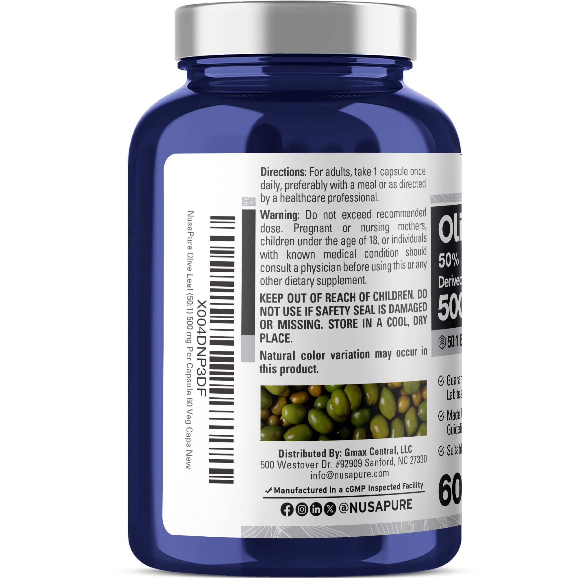 NusaPure Olive Leaf Capsules 500mg back label