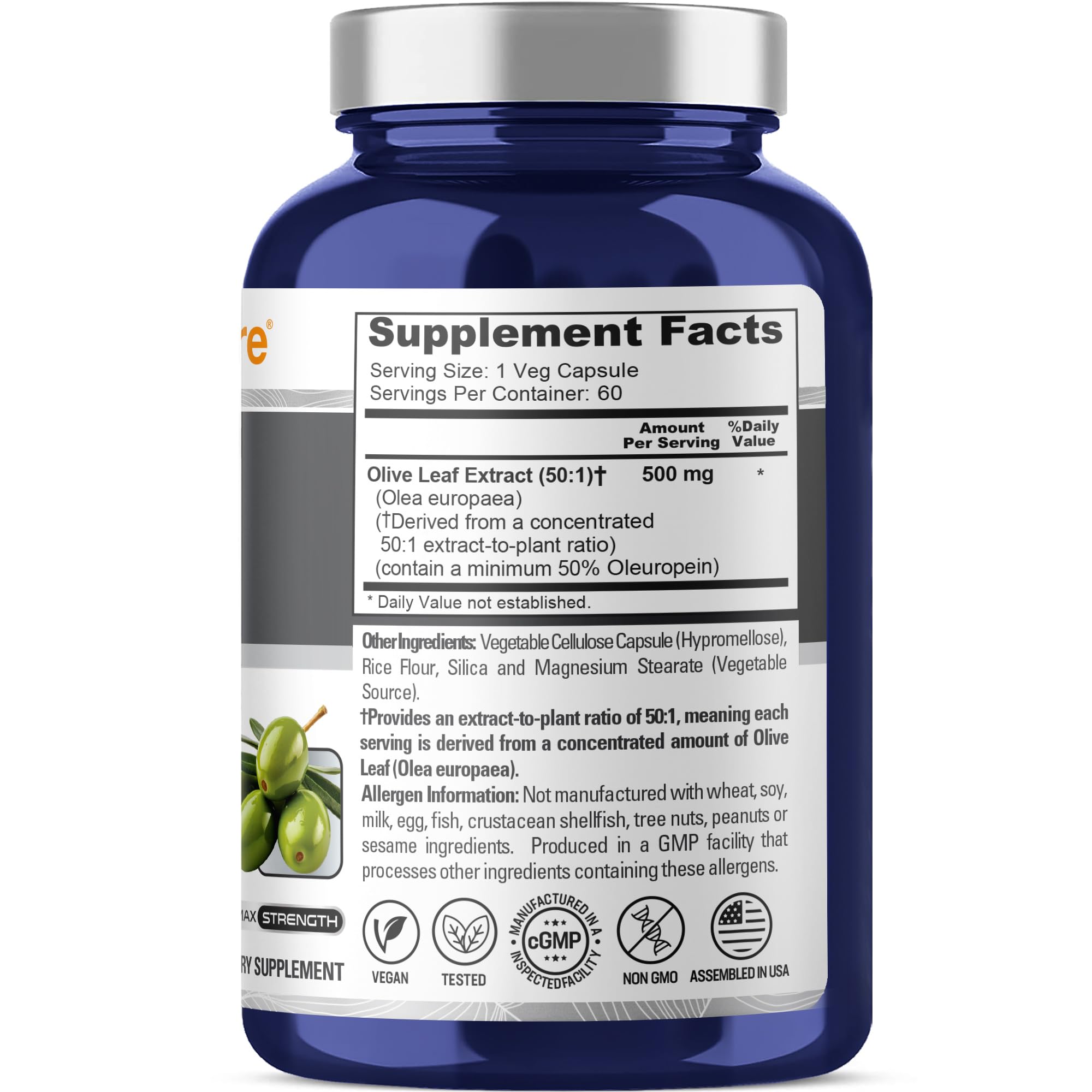 NusaPure Olive Leaf Capsules 500mg bottle side view