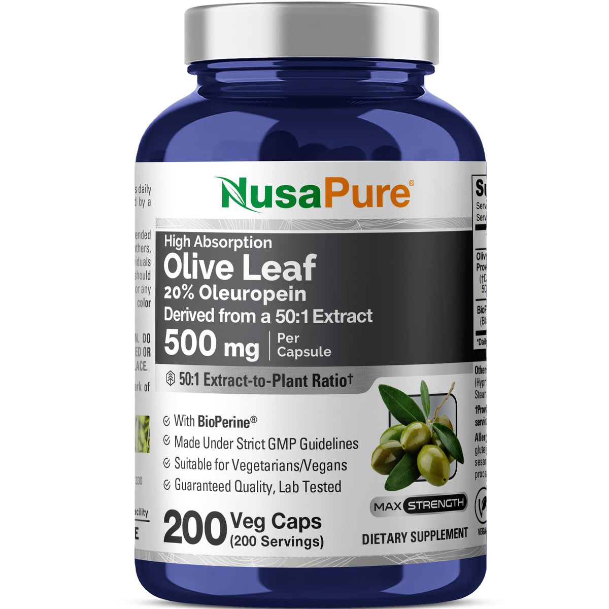 NusaPure Olive Leaf Extract 500mg 200 Capsules front view