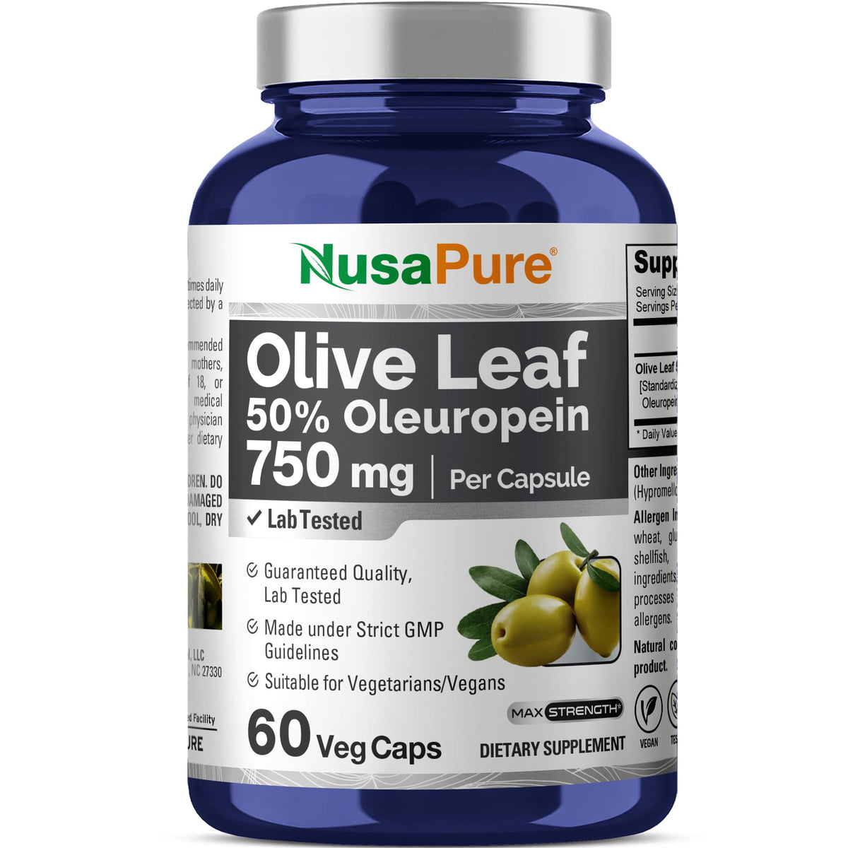 NusaPure Olive Leaf Extract 750 mg bottle front view