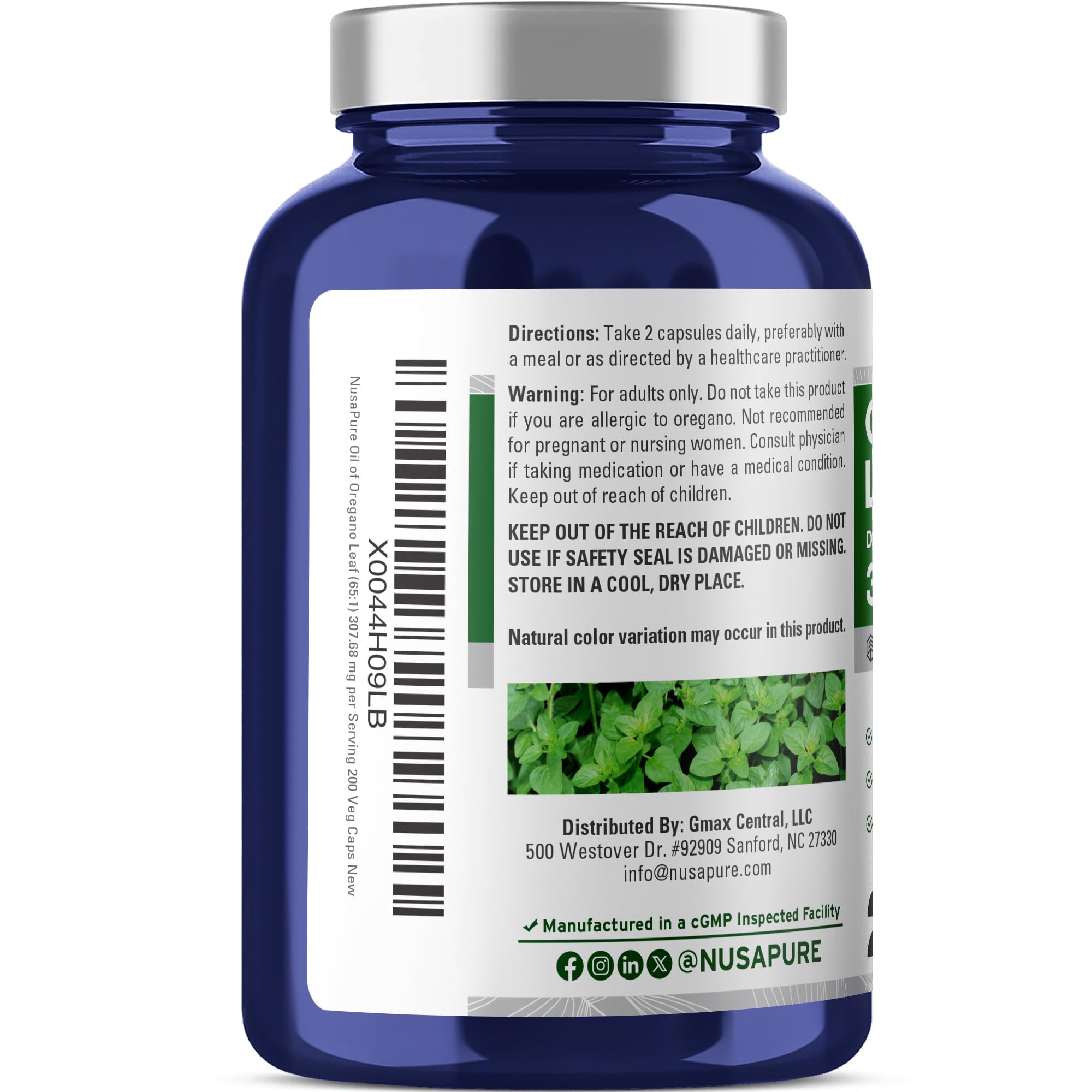 NusaPure Oregano Oil Leaf Capsules showing capsule size
