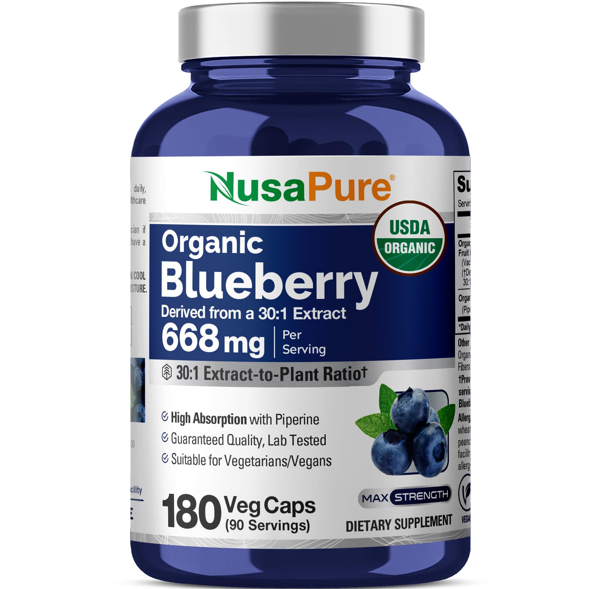 NusaPure Organic Blueberry Extract Capsules bottle front view