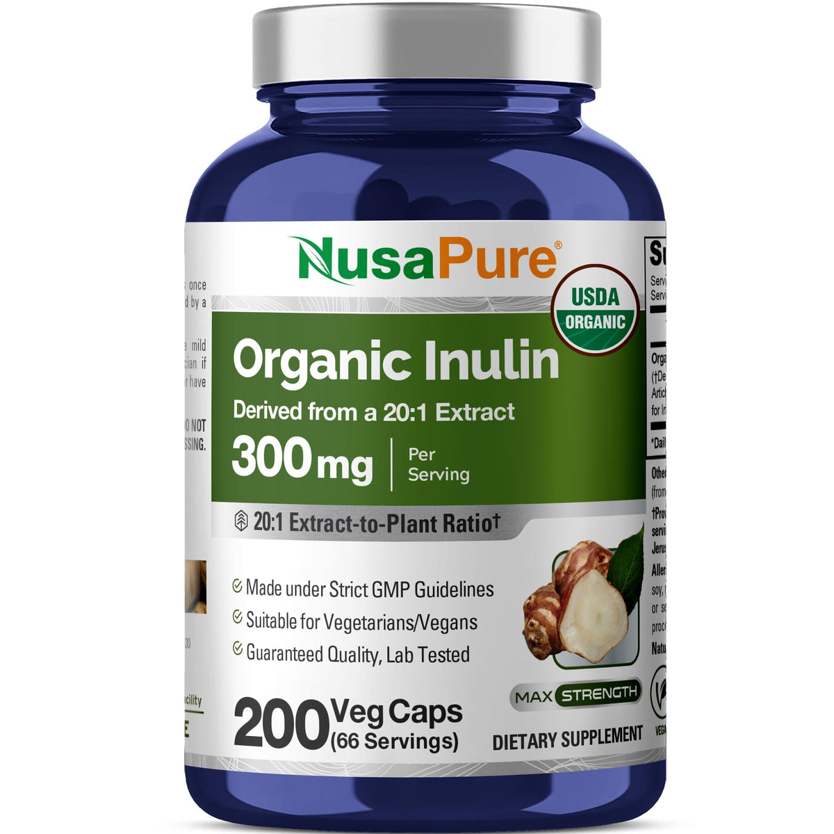 NusaPure Organic Inulin Capsules bottle front view with 200 capsules