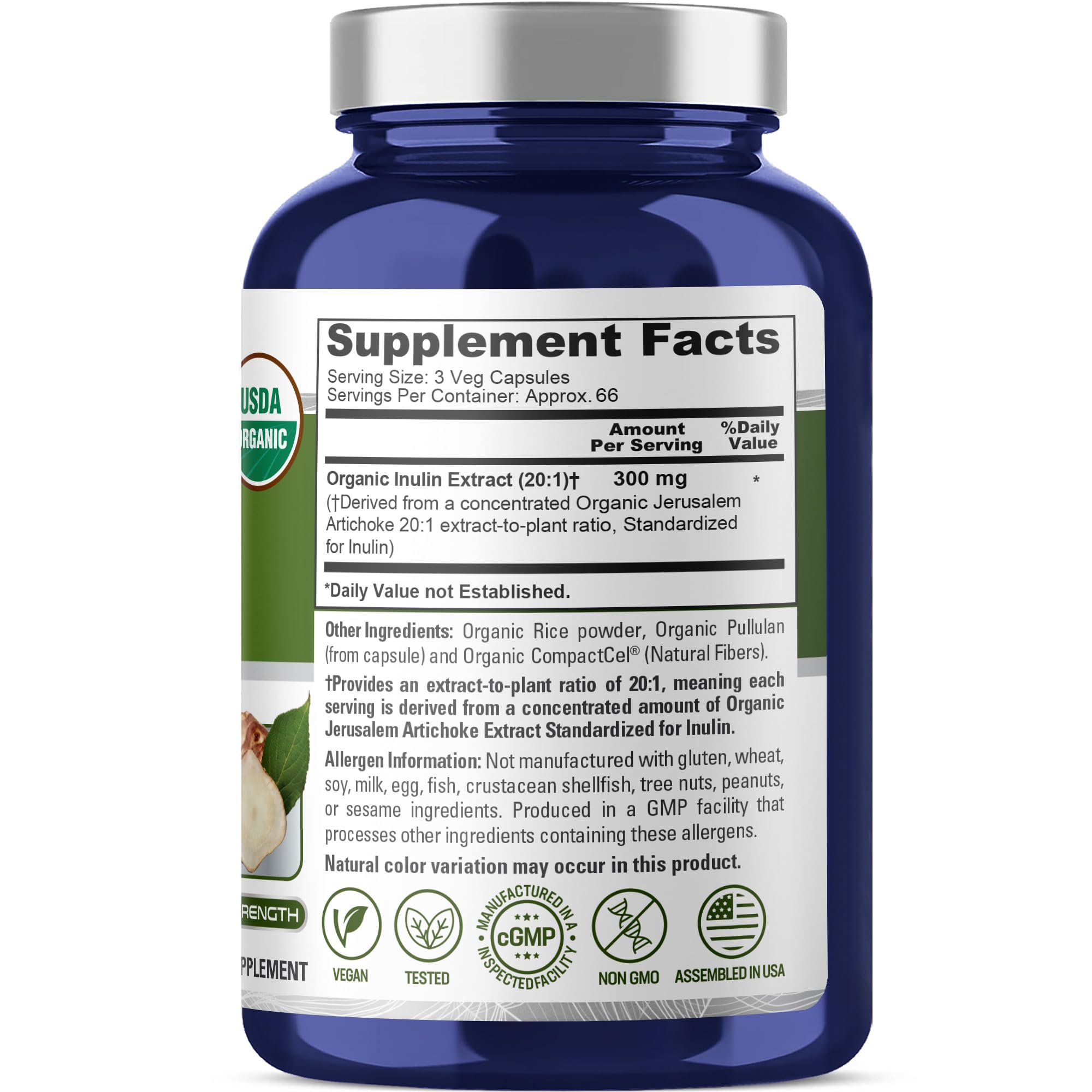 NusaPure Organic Inulin Capsules side view showing supplement facts