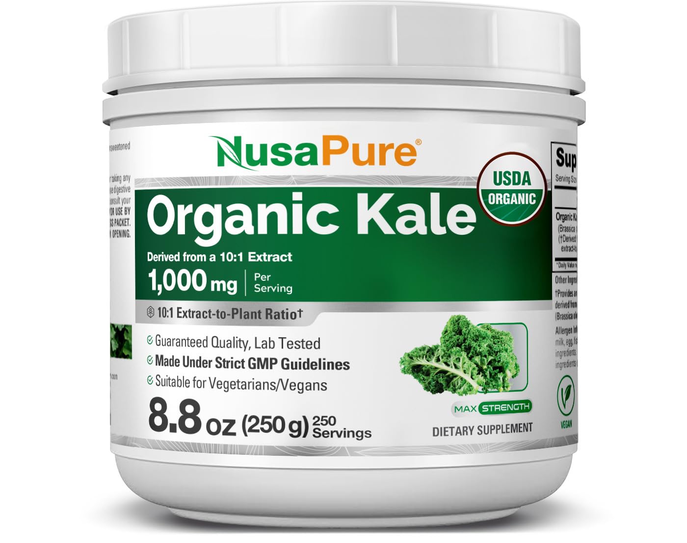 NusaPure Organic Kale Powder bottle front view with 250 servings