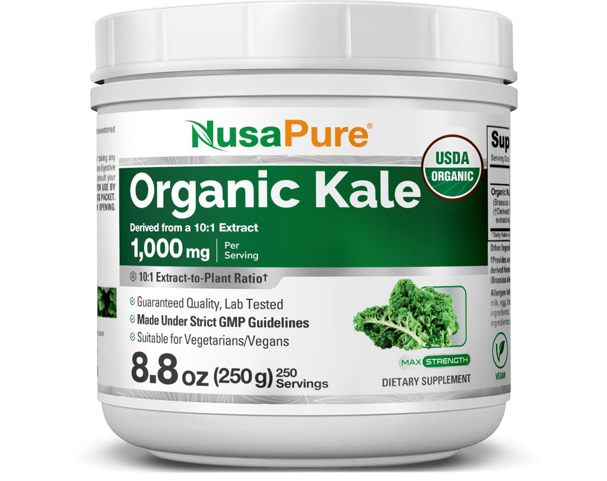 NusaPure Organic Kale Powder bottle front view with 250 servings