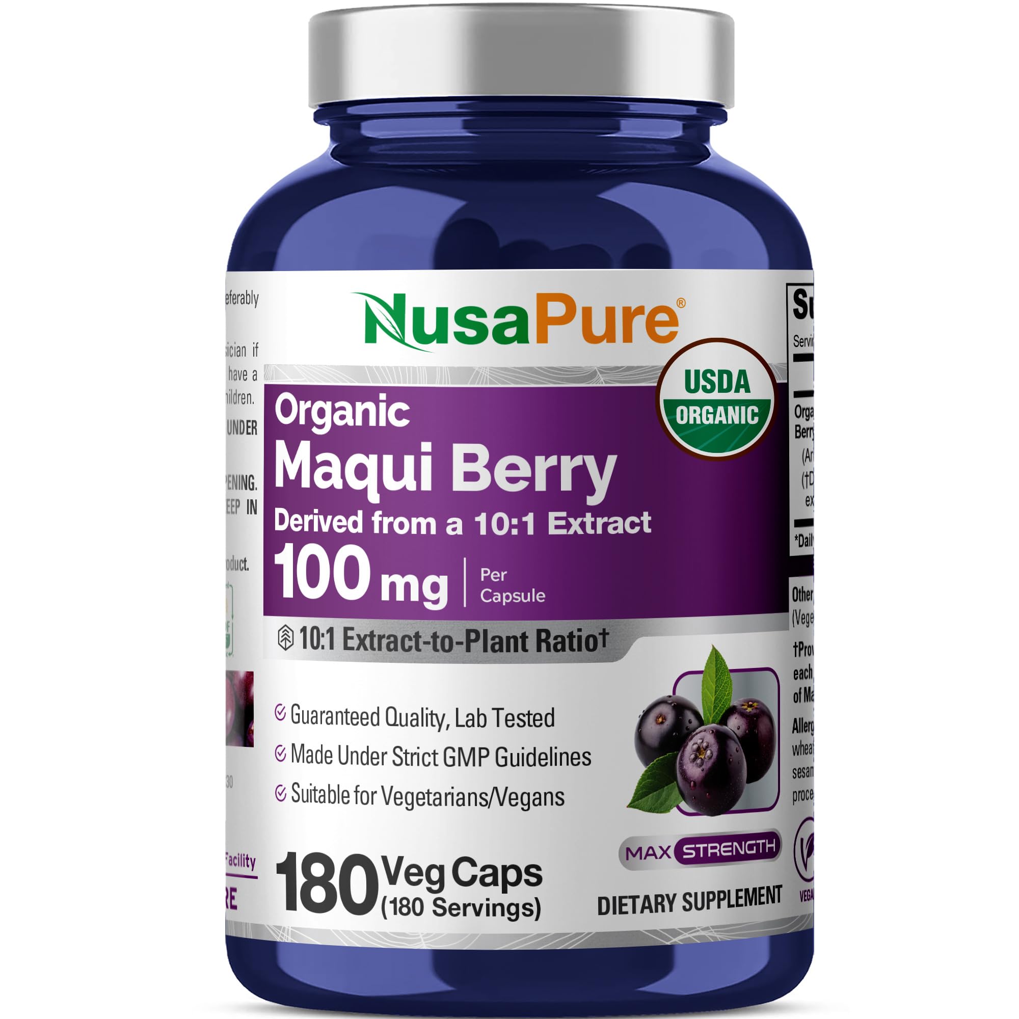 NusaPure Organic Maqui Berry Capsules 180 count bottle front view