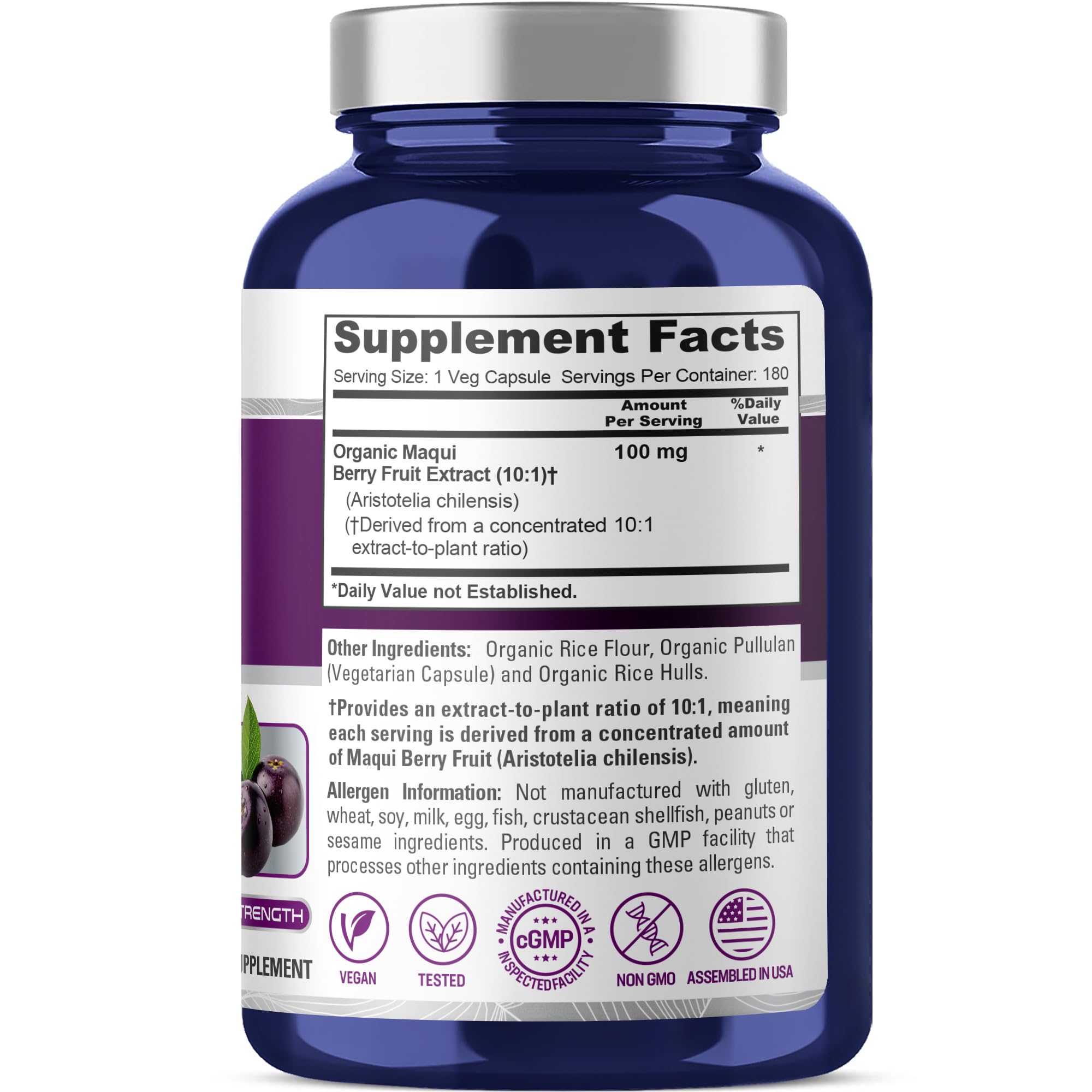 NusaPure Organic Maqui Berry Capsules showing the label and dosage