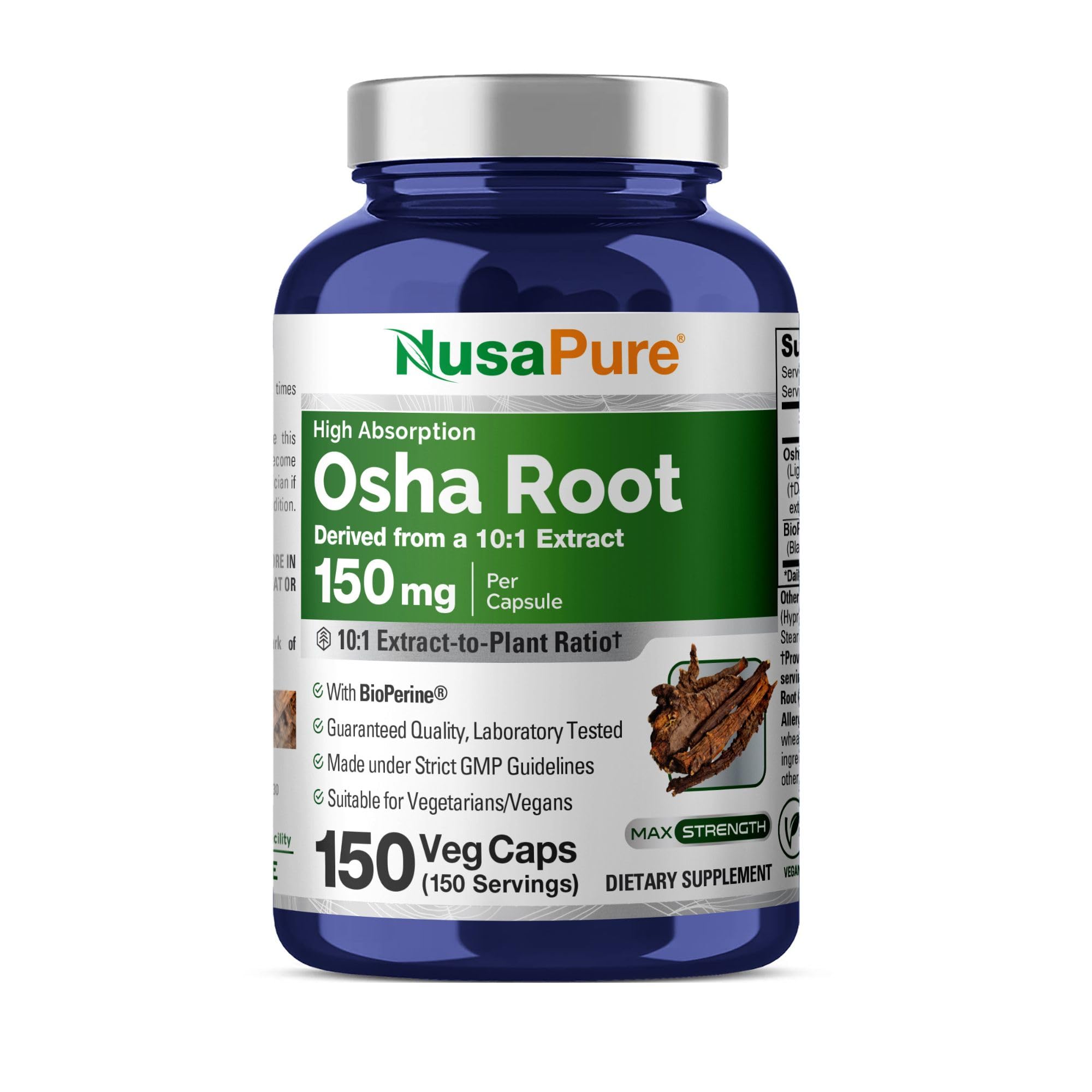 NusaPure Osha Root Capsules bottle front view with 150 capsules