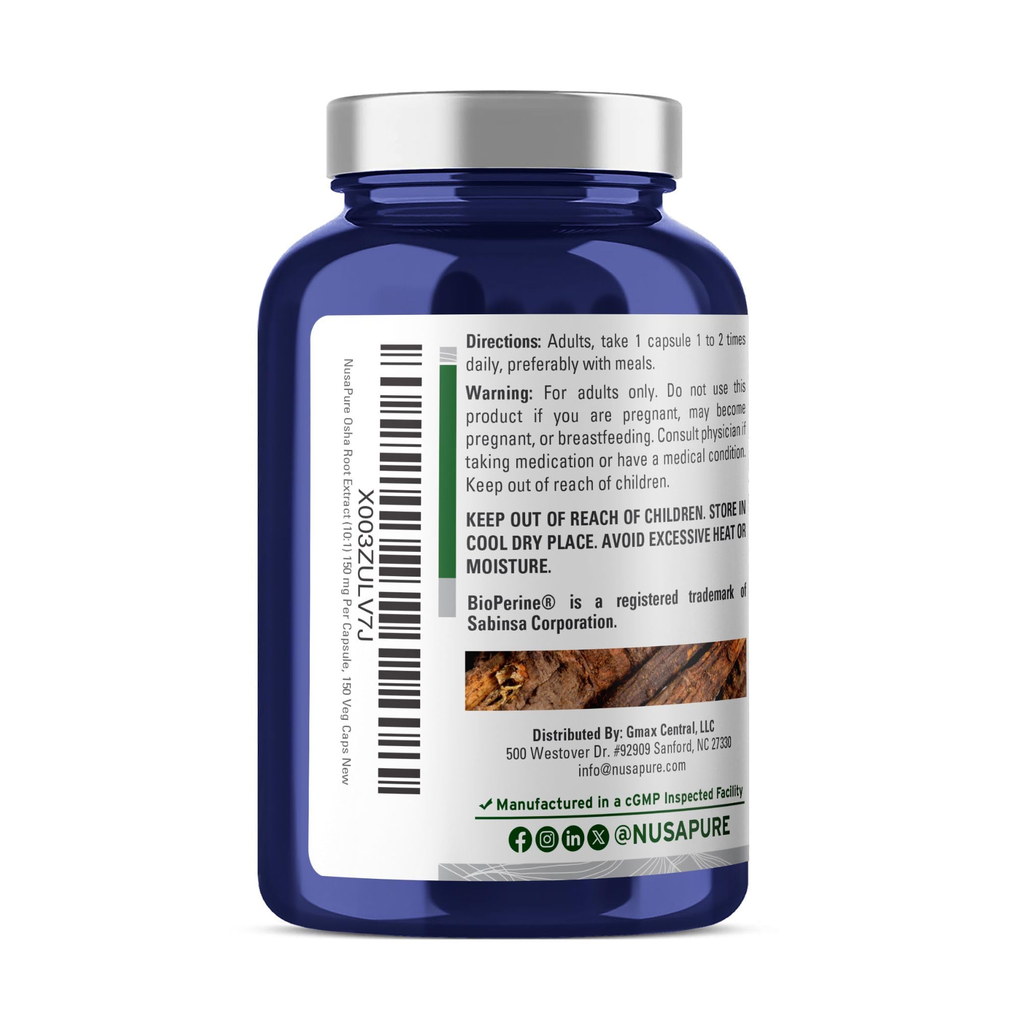 NusaPure Osha Root Capsules with a close-up of the capsules