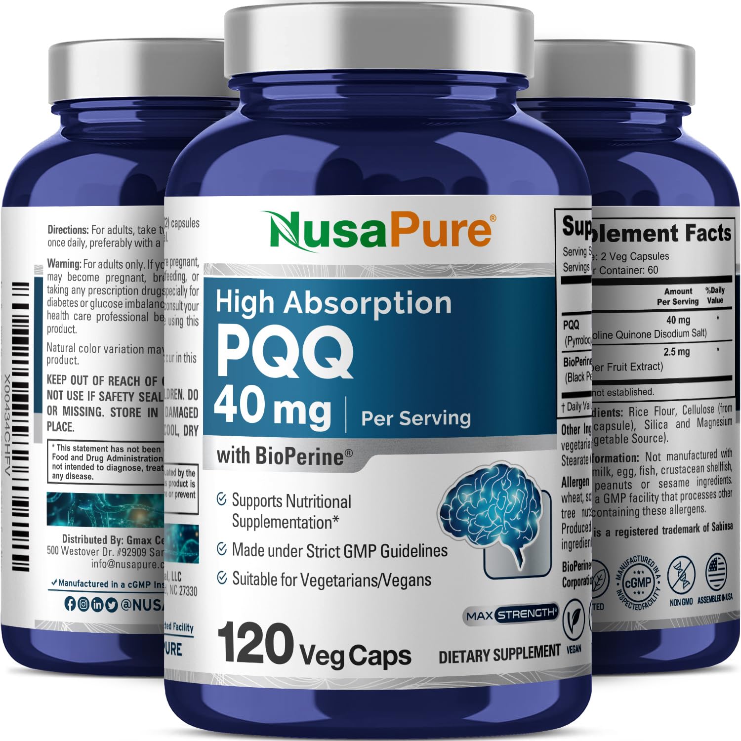 NusaPure PQQ Supplement 40mg capsules in hand