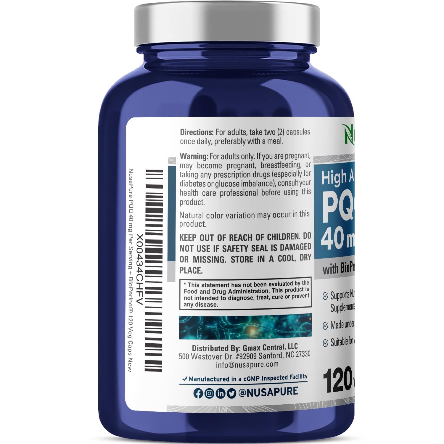 NusaPure PQQ Supplement 40mg capsules on a wooden surface