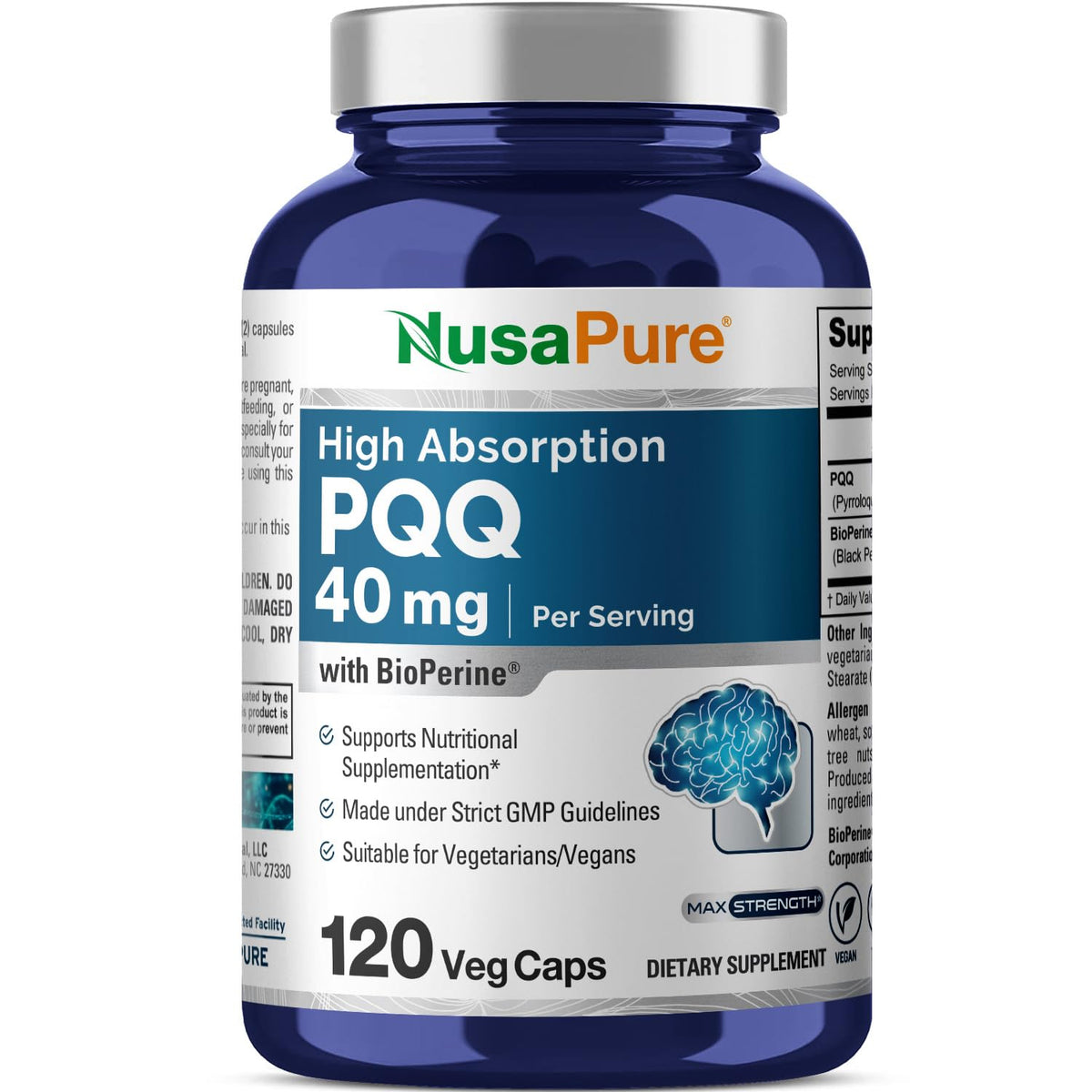 NusaPure PQQ Supplement 40mg front view of bottle