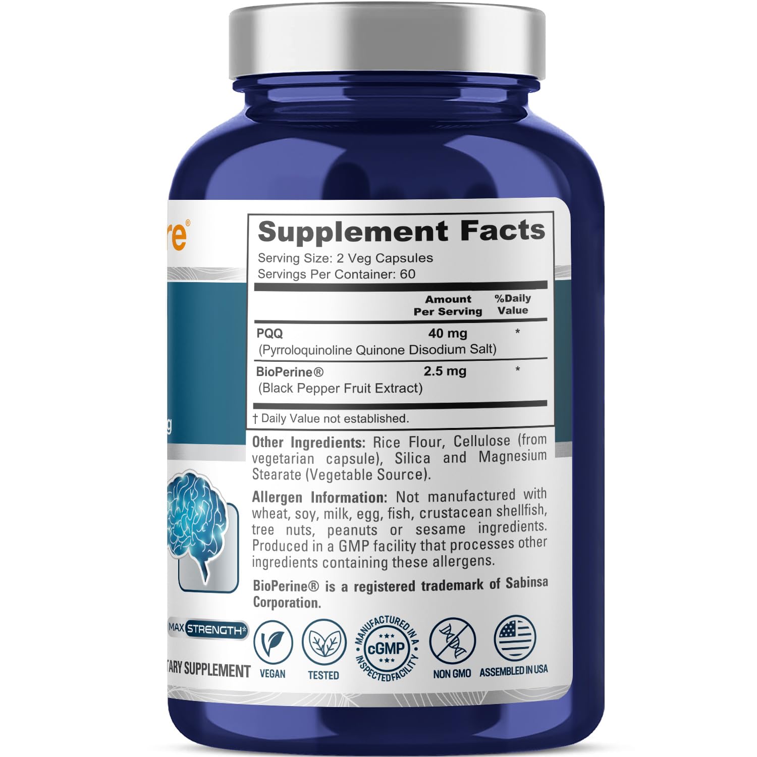 NusaPure PQQ Supplement 40mg side view of bottle