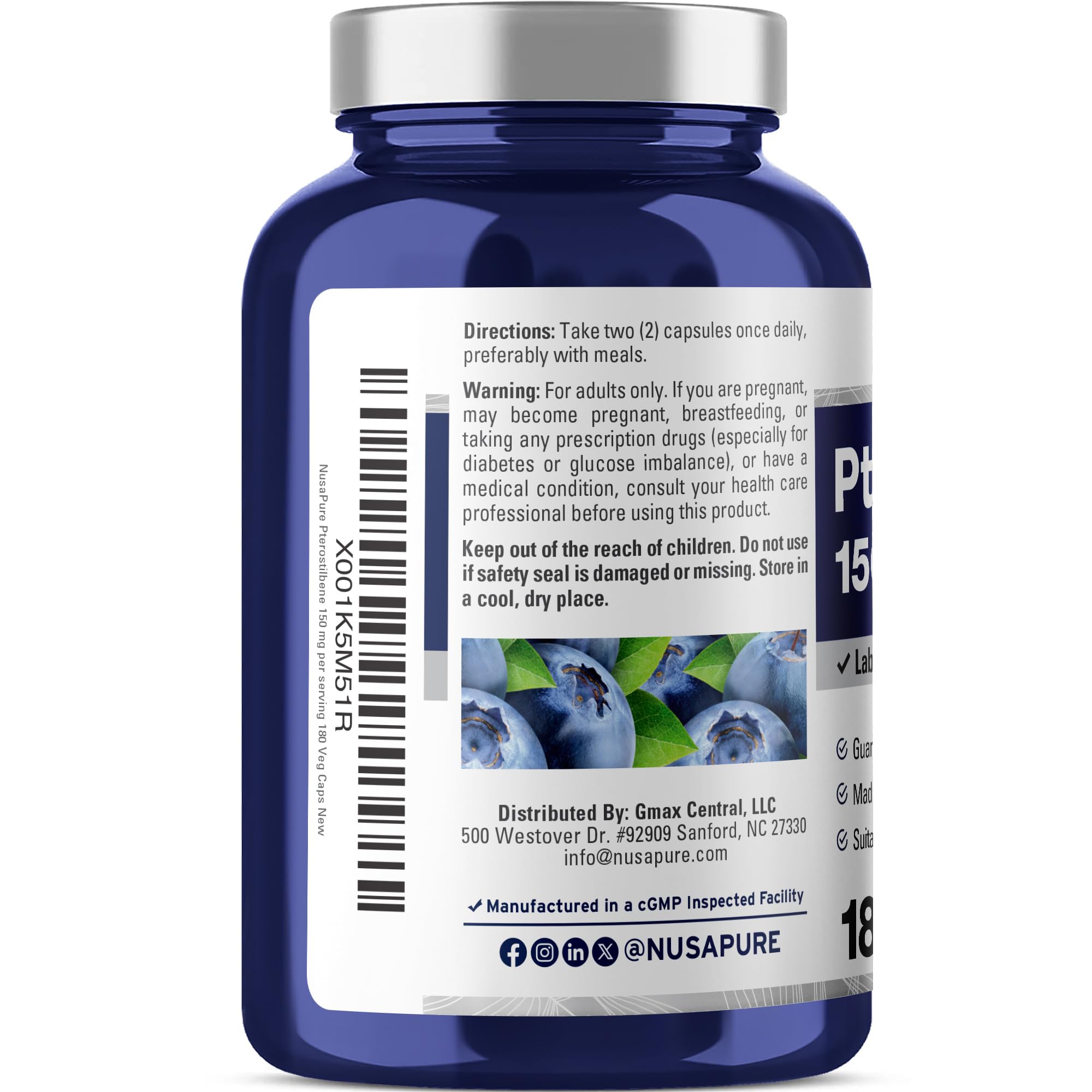 NusaPure Pterostilbene 150mg 180 Veggie Caps back view