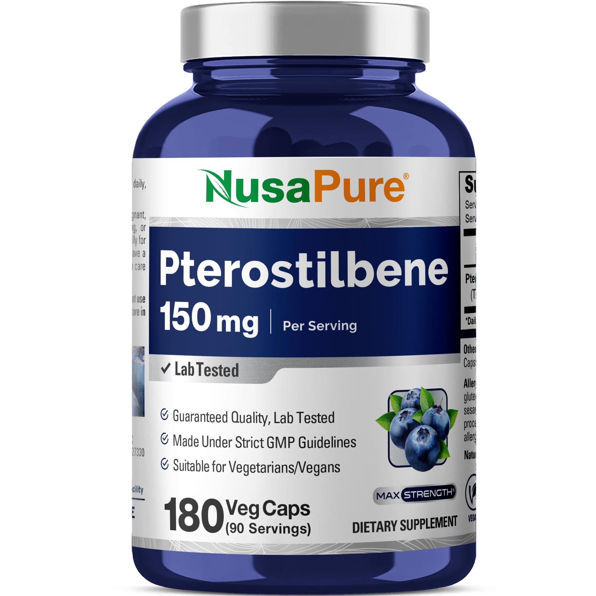 NusaPure Pterostilbene 150mg 180 Veggie Caps front view