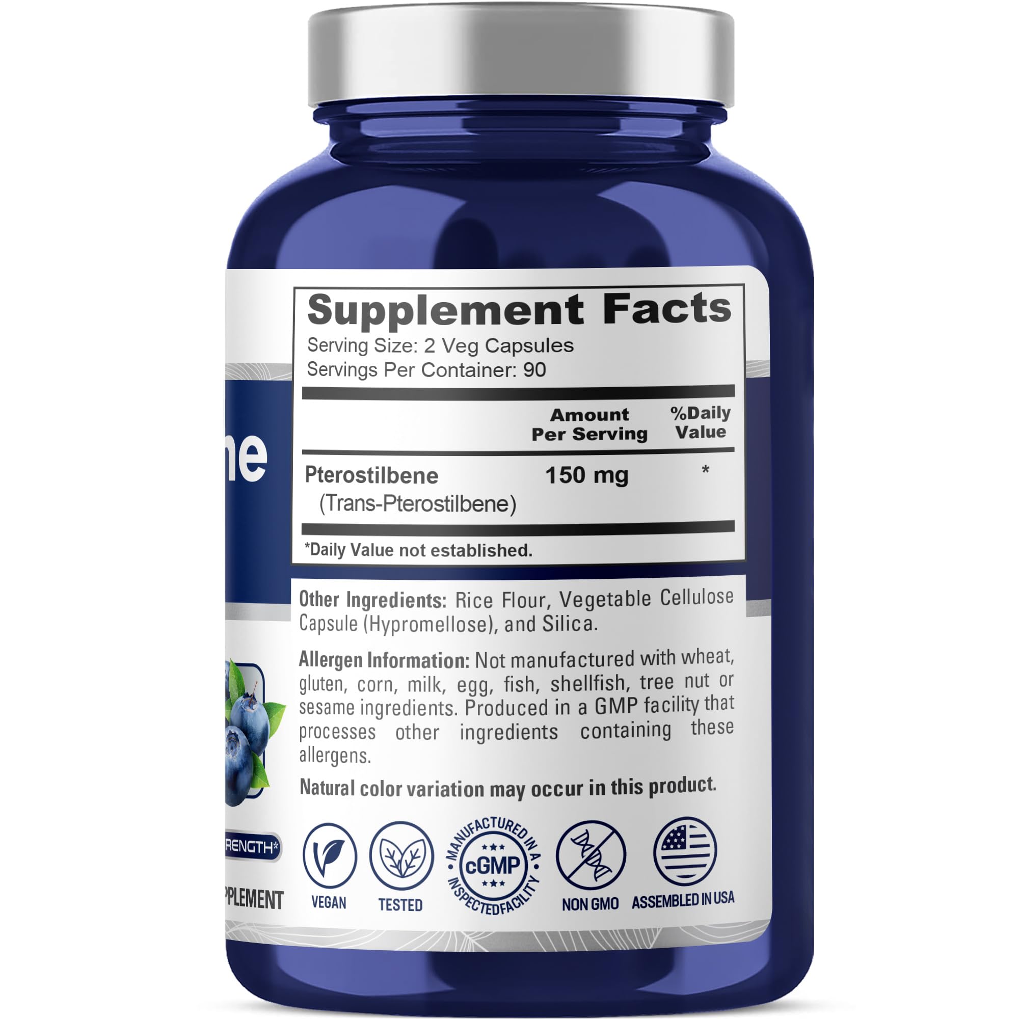 NusaPure Pterostilbene 150mg 180 Veggie Caps side view