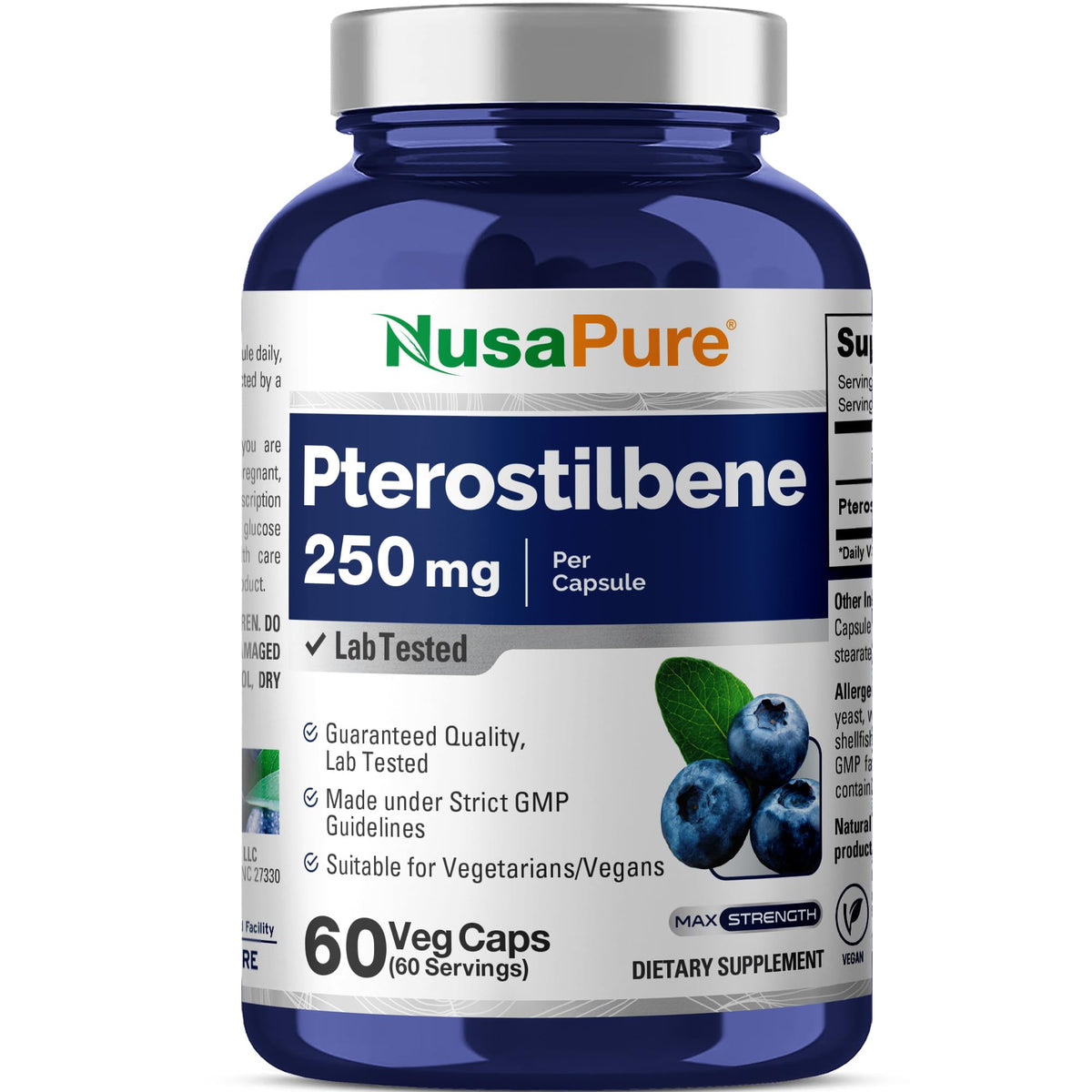 NusaPure Pterostilbene 250 mg capsules bottle front view