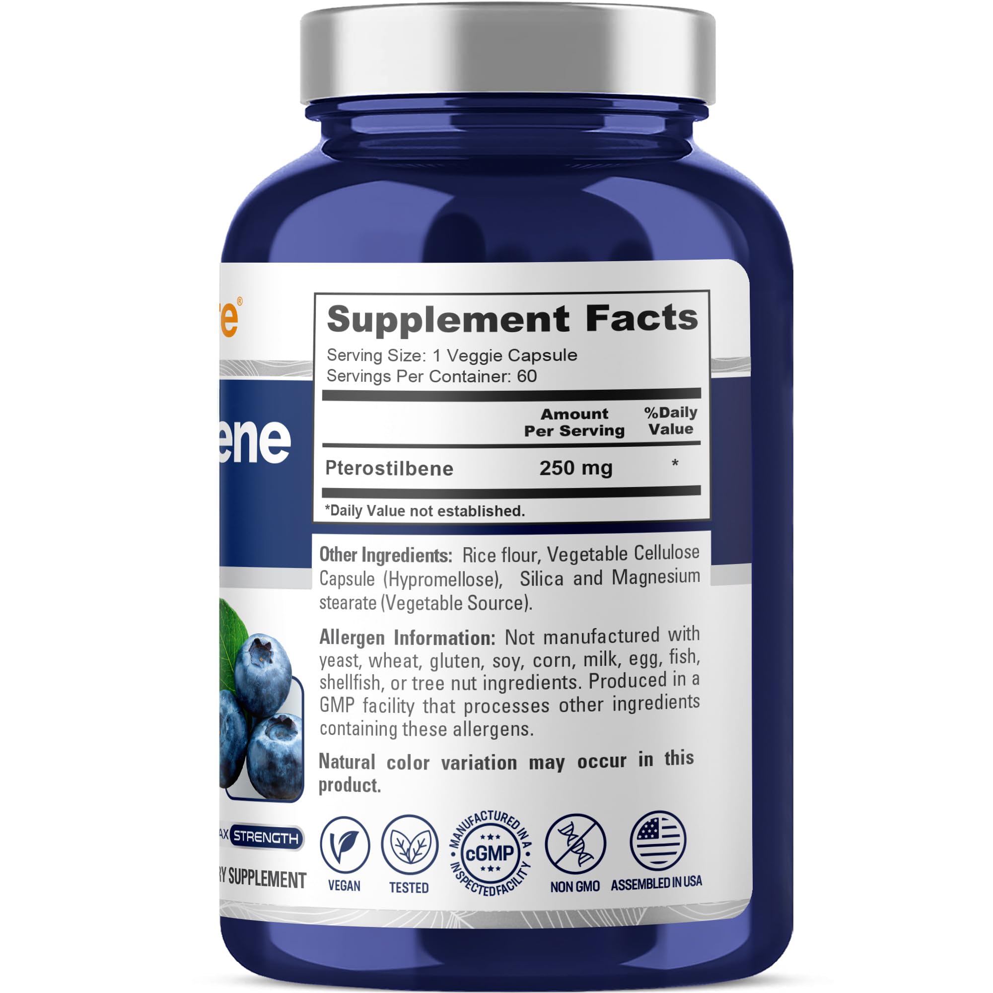 NusaPure Pterostilbene 250 mg capsules with a measuring spoon